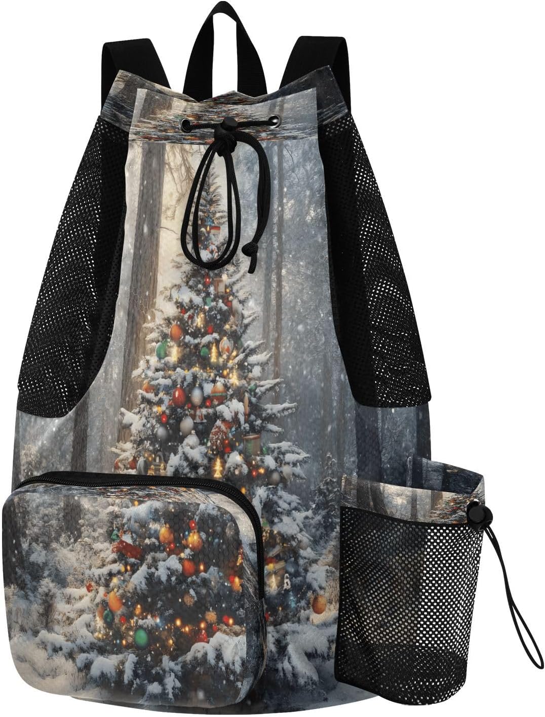 Mesh Gym Swimming Bags for Men & Women, Winter Christmas Tree Colorful Lights Large Drawstring Backpack with Dry-Wet Pocket, Lightweight Gym Bag for Sports, Travel, Beach, Workout Gear