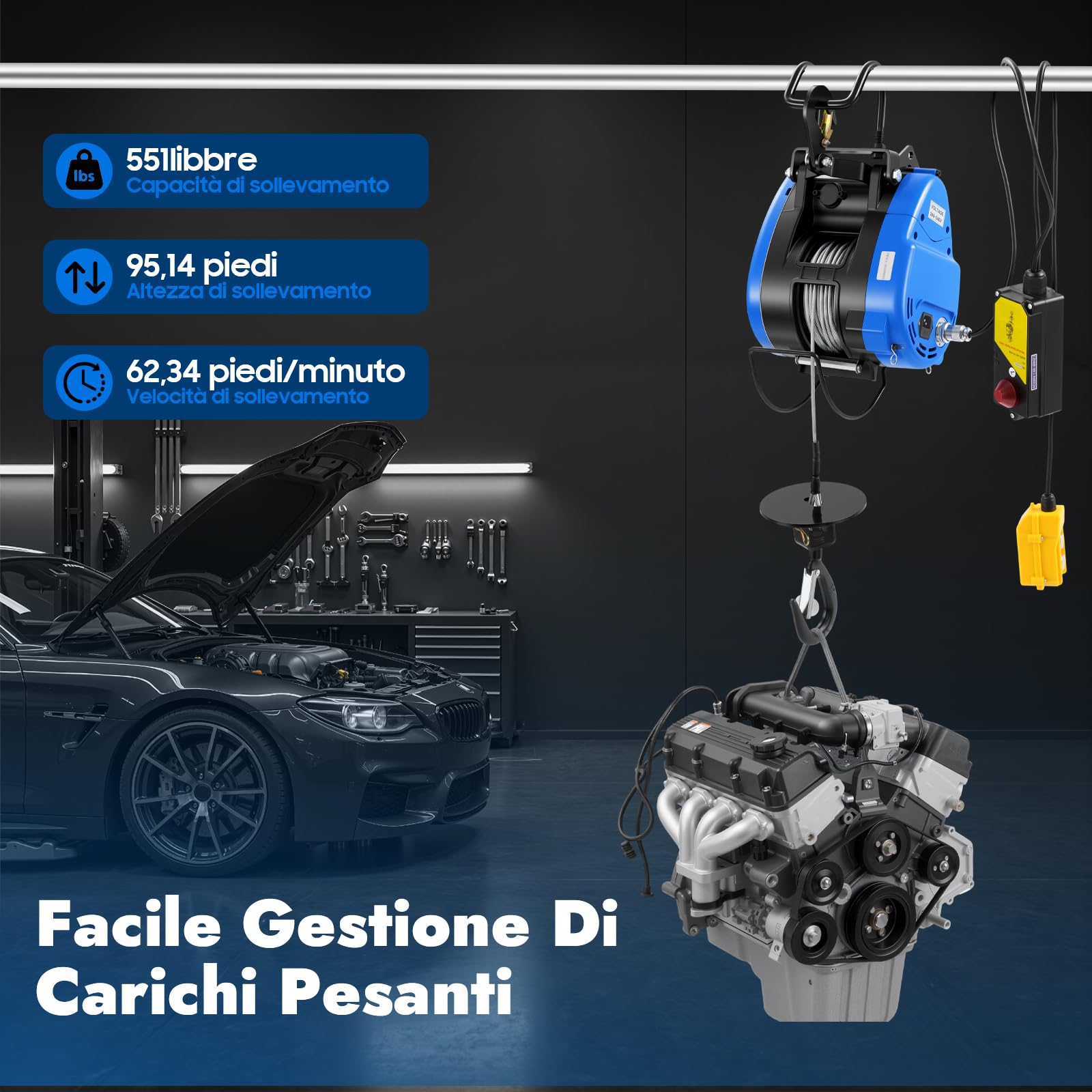 Paranco elettrico 1500 W, verricello elettrico, 30 m, 250 kg, per diversi dispositivi di sollevamento