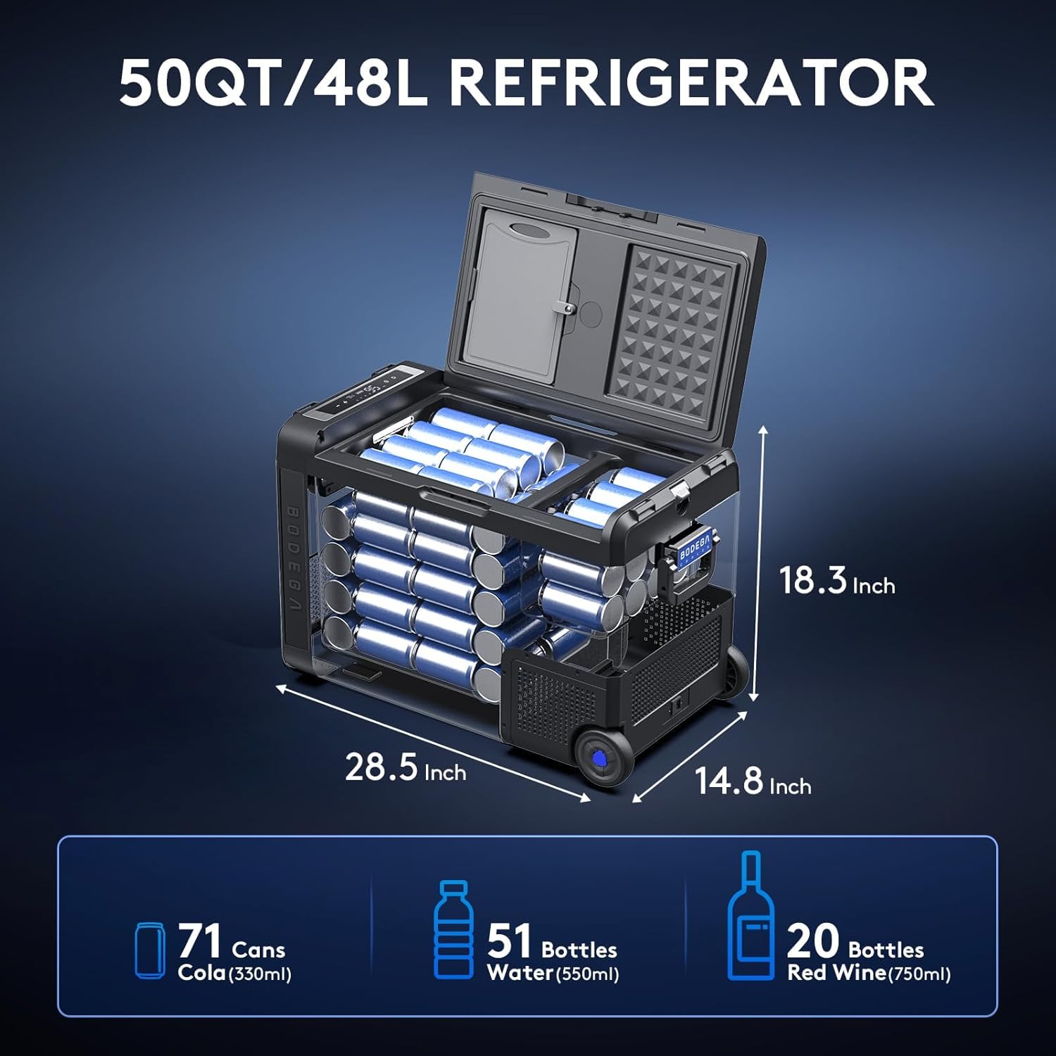 BODEGACOOLER 12 Volt Car Refrigerator, Car Fridge Protable Freezer WIFI APP Control, 50Quart (48L) RV Electric Cooler -4℉-68℉, 12/24V DC 100-240V AC for Outdoor, Truck, Van, Vehicles, Camping, Travel