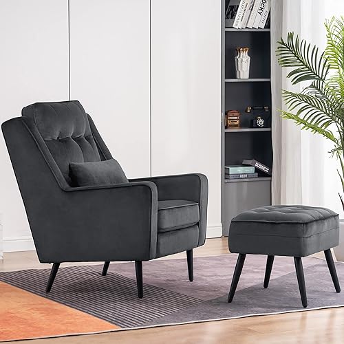 Miniatura 4 de MCombo Silla decorativa de terciopelo con otomana, sillón moderno para espacios pequeños, sala de estar, recepción de oficina, tela 4278 (gris