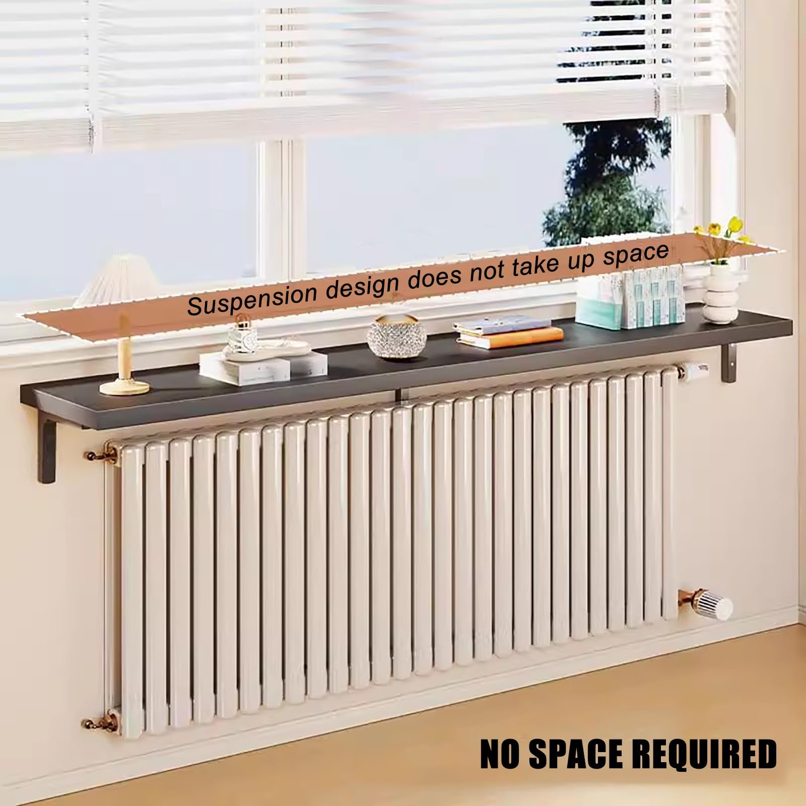 Estante para radiador de Pared - Estante Rectangular de Madera Negra con Soportes metálicos para Sala de Estar y Dormitorio (47x12 Pulgadas 120x30 cm) - Decoración Elegante y Funcional