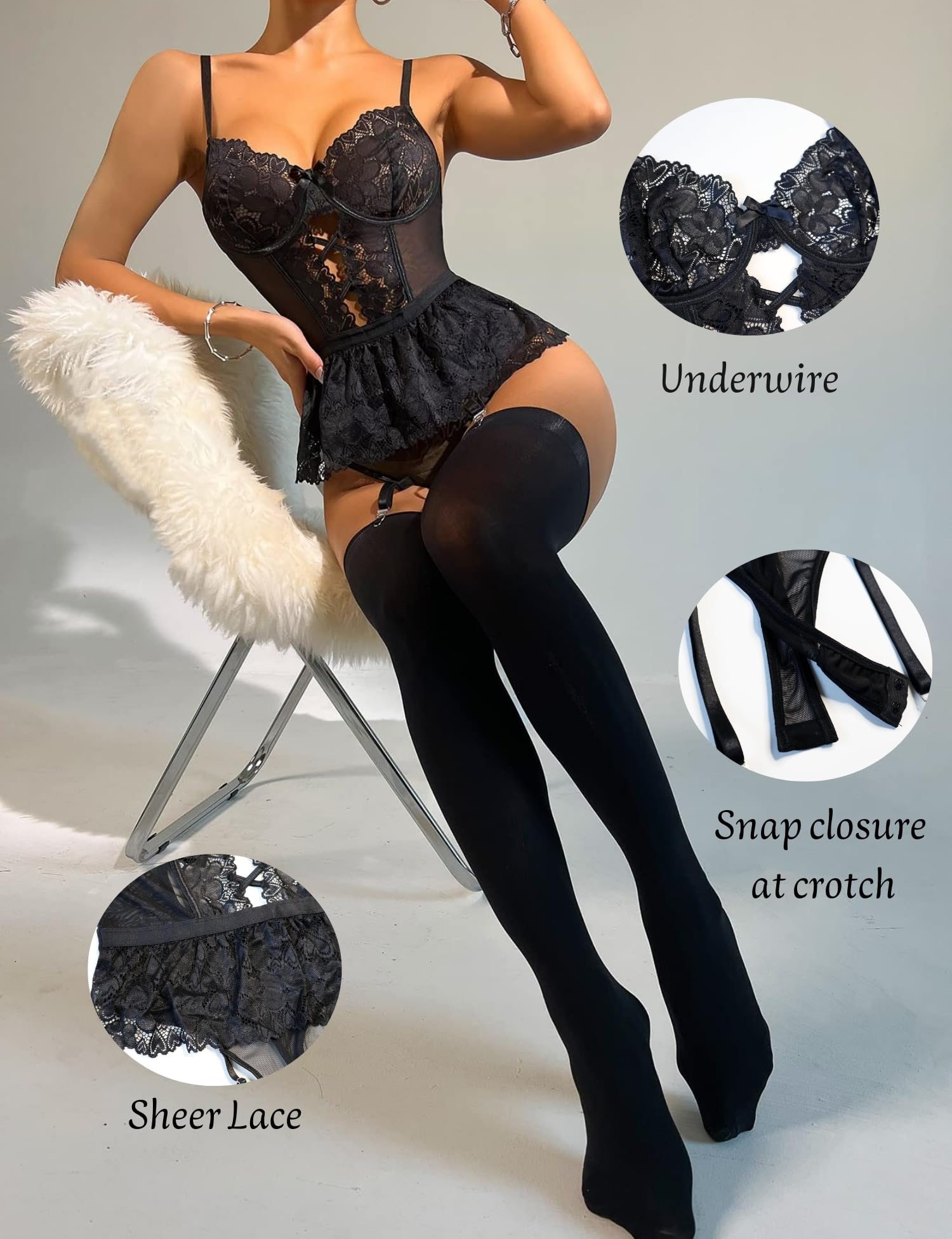 Set di Biancheria Intima con Giarrettiera e Calze, Body in Pizzo con Reggicalze Intimo Corsetto in Rete Trasparente Senza Schienale Biancheria da Notte Babydoll con Spalline Body a V Profondo