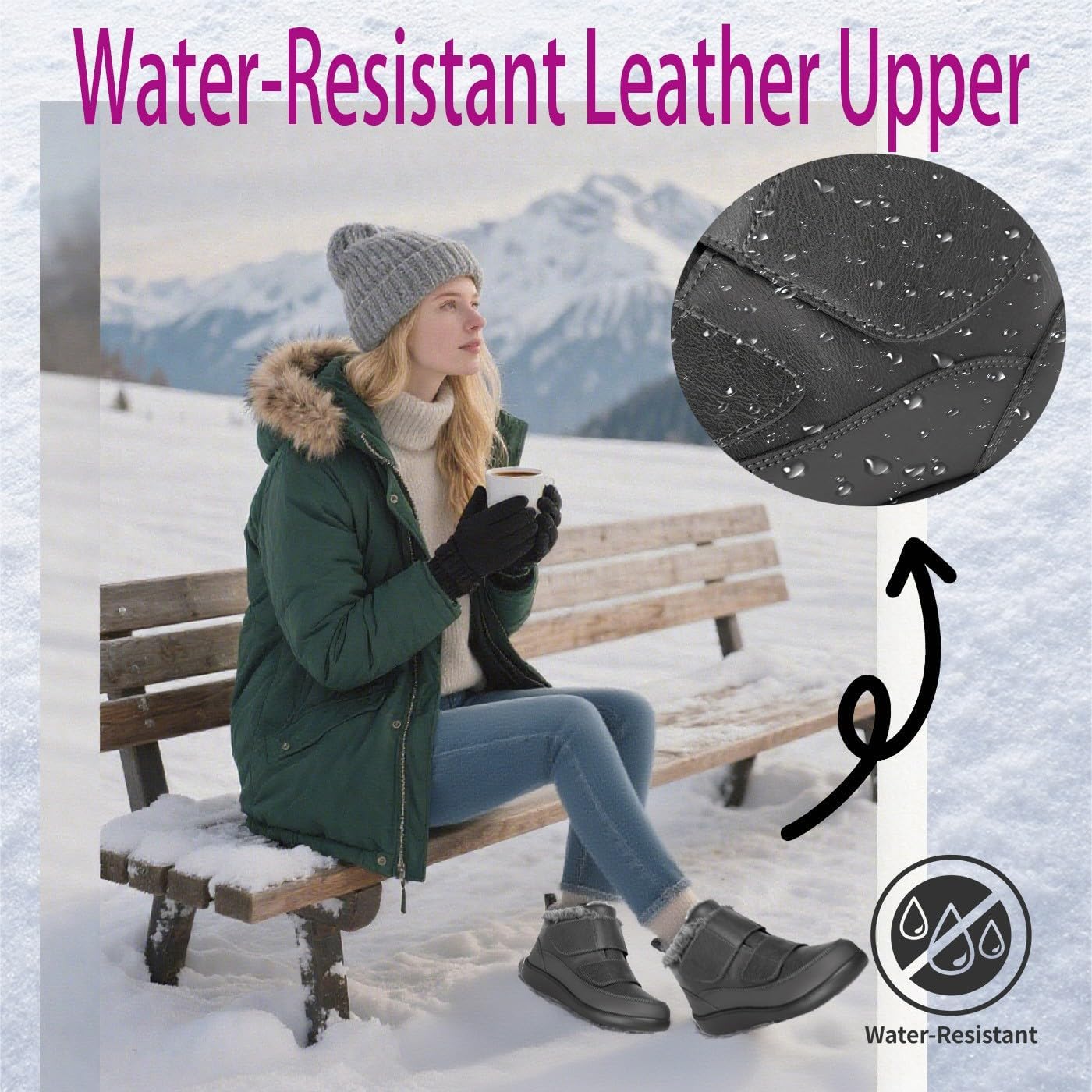 Hsyooes Diabetic Boots for Women Wide Width Winter Snow Boots Warm Fur Lining Water Resistant Anti-slip Snow Shoes Comfortable Adjustable Straps Winter Shoes for Swollen Feet