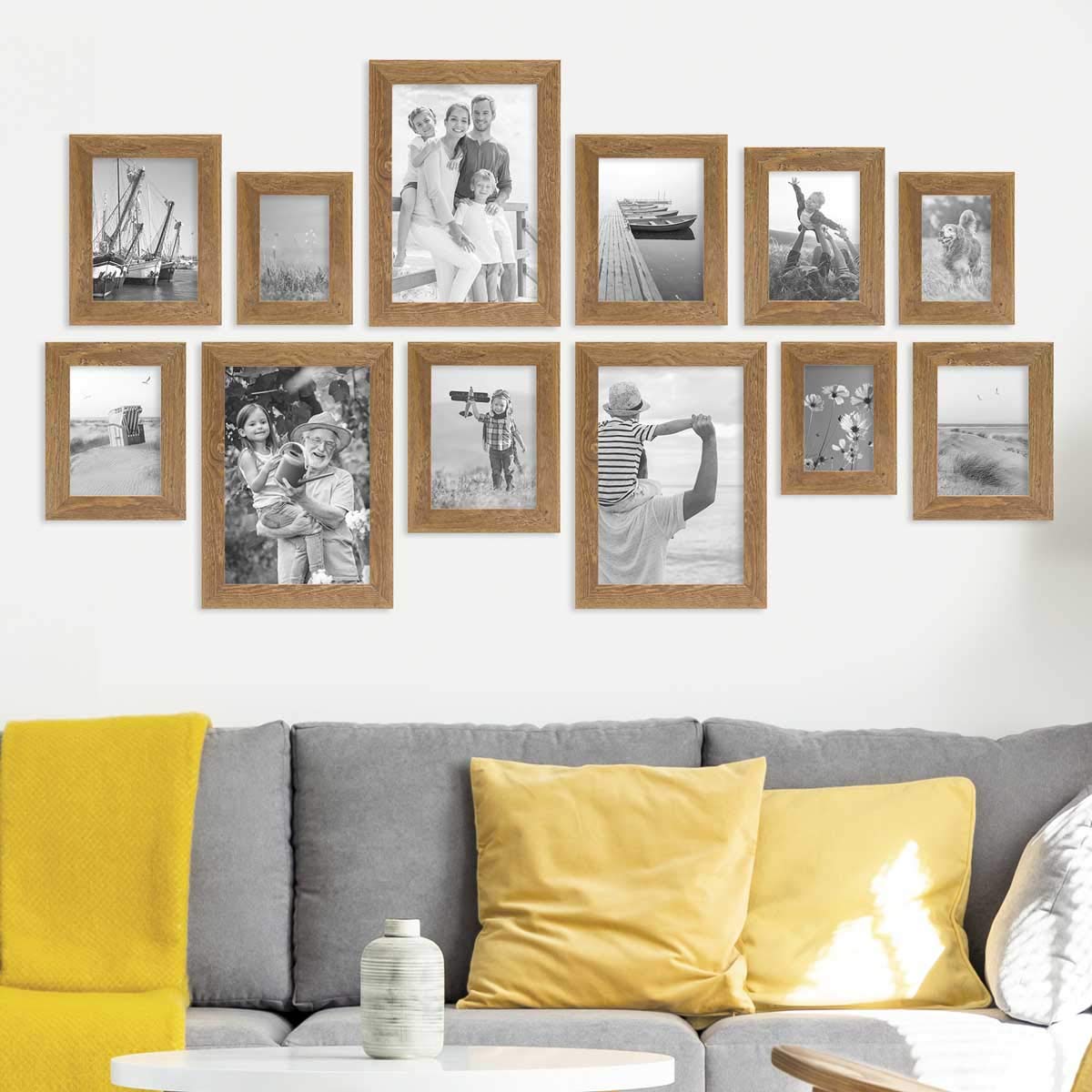 PHOTOLINI Bilderrahmen-Set Holz Eiche-Optik, 12er Rahmenset Echtholz-Rahmen rustikal, Strandhaus, Made in Germany, Echtglas, zum Aufhängen, extra Zubehör - Treibholzlook mit einem Hauch Küstenflair