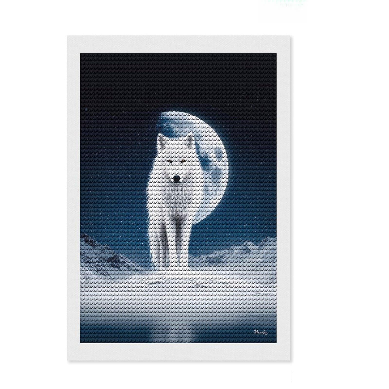 Junmoney White Wolf Under The Winter Moon Full Drill Diamond Painting Kit 8"x12", for Teens, Boho Decor, Good for Quiet Evenings, Thoughtful Handmade Gift