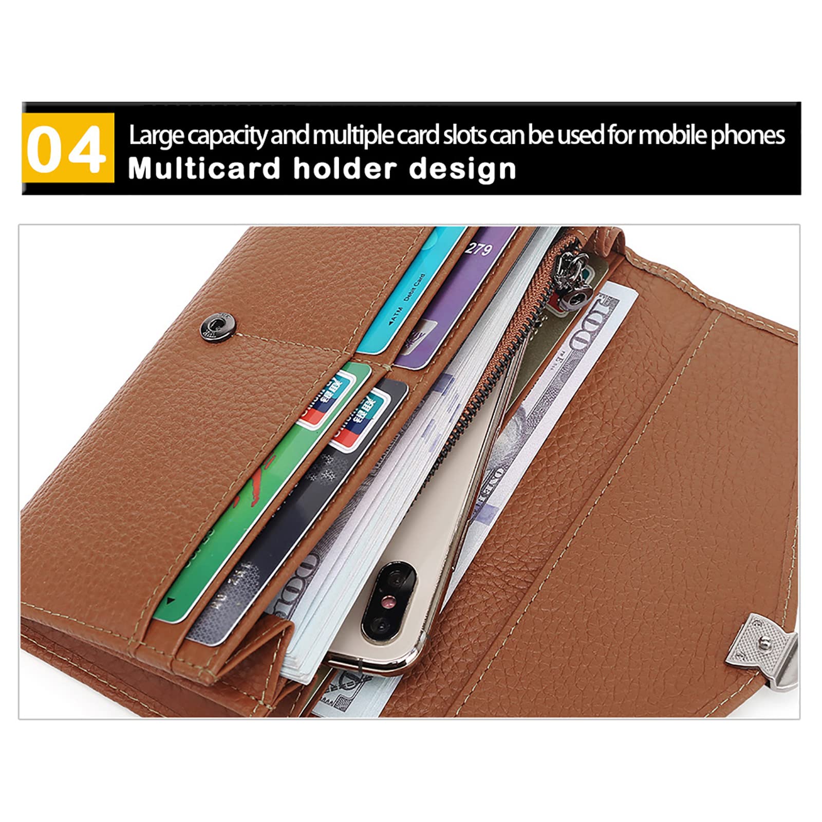 Damen Geldbeutel mit RFID Clutch mit Großem Fassungsvermögen und Litschimuster mit Schnalle, die Mobiltelefone Aufnehmen Kann,Orange,One Size