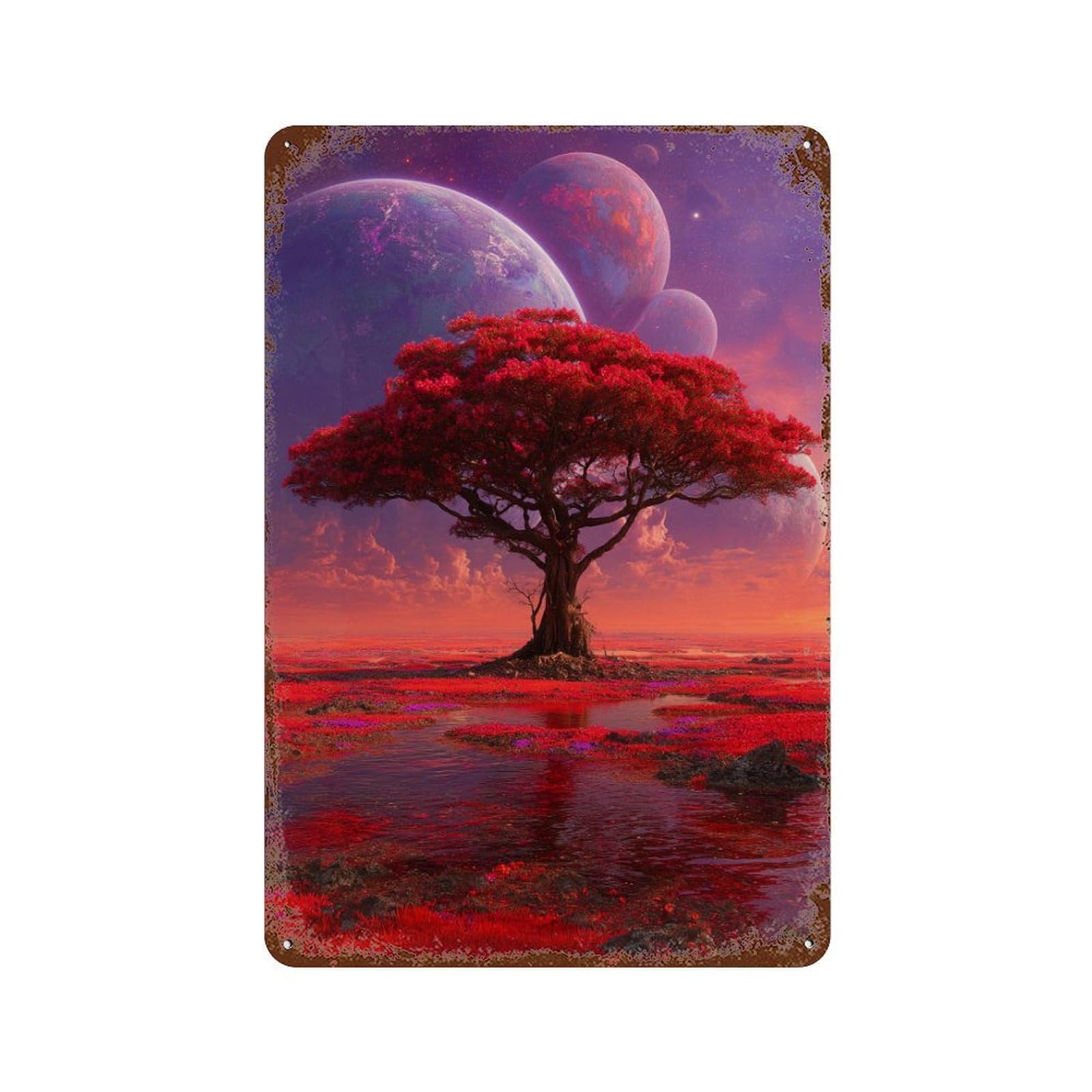 Alien Planet with Red Tree Rusty Metal Tin Sign 11.8"x7.9", for Pub, Kitchen And Man Cave Decor, Novelty Wall Decor