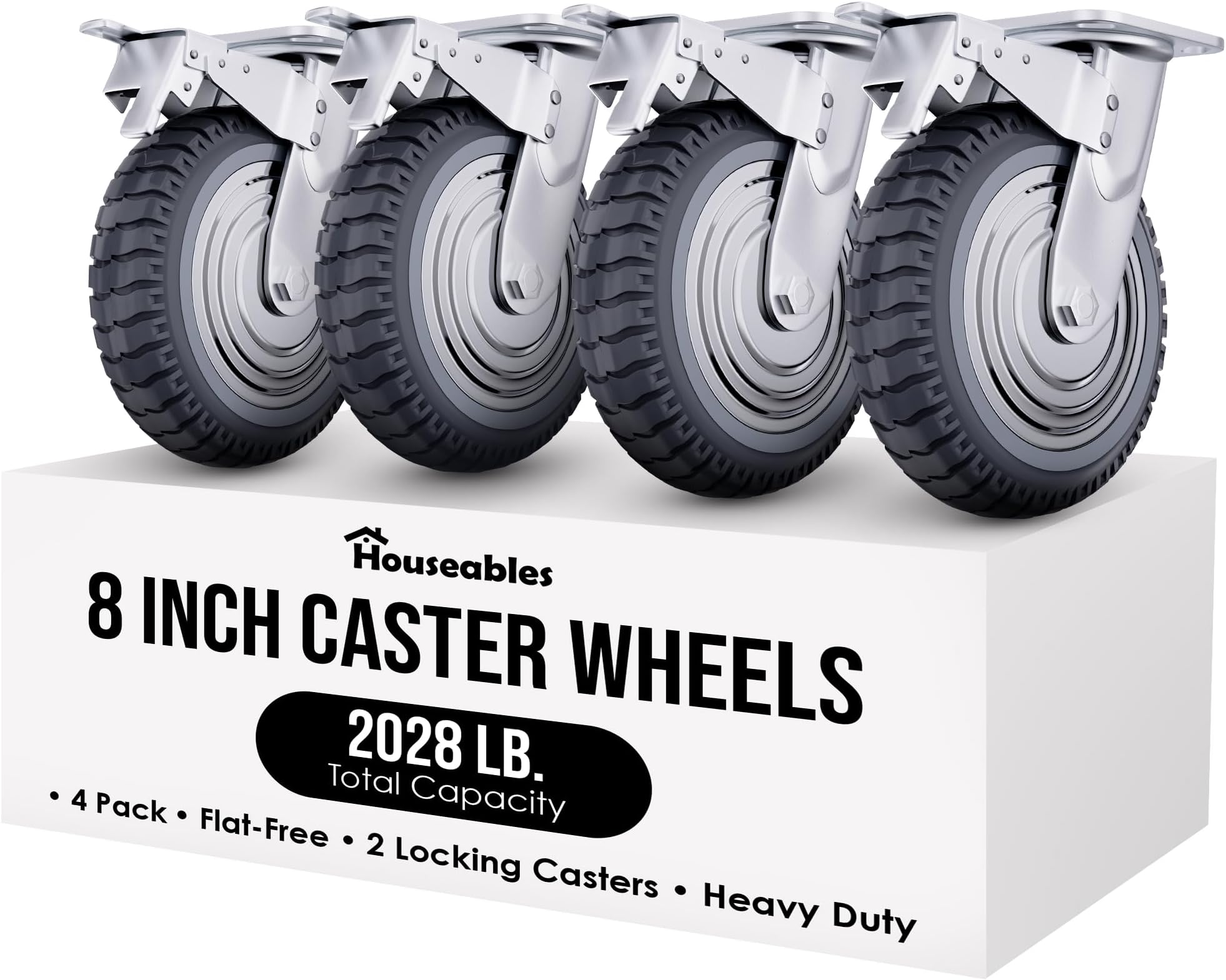 Houseables 8 Inch Caster Wheels, Large Caster Wheels, Heavy Duty Castors, Swivel Rubber Castor, Outdoor, Cart, Industrial, Replacement, Dolly, Off Road, All Terrain, Flat Free, Locking Brake, Set of 4