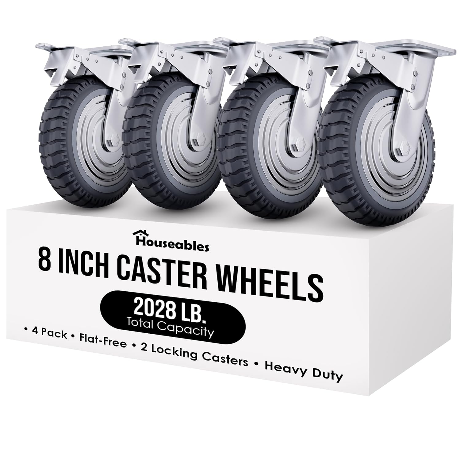 Houseables 8 Inch Caster Wheels, Large Caster Wheels, Heavy Duty Castors, Swivel Rubber Castor, Outdoor, Cart, Industrial, Replacement, Dolly, Off Road, All Terrain, Flat Free, Locking Brake, Set of 4