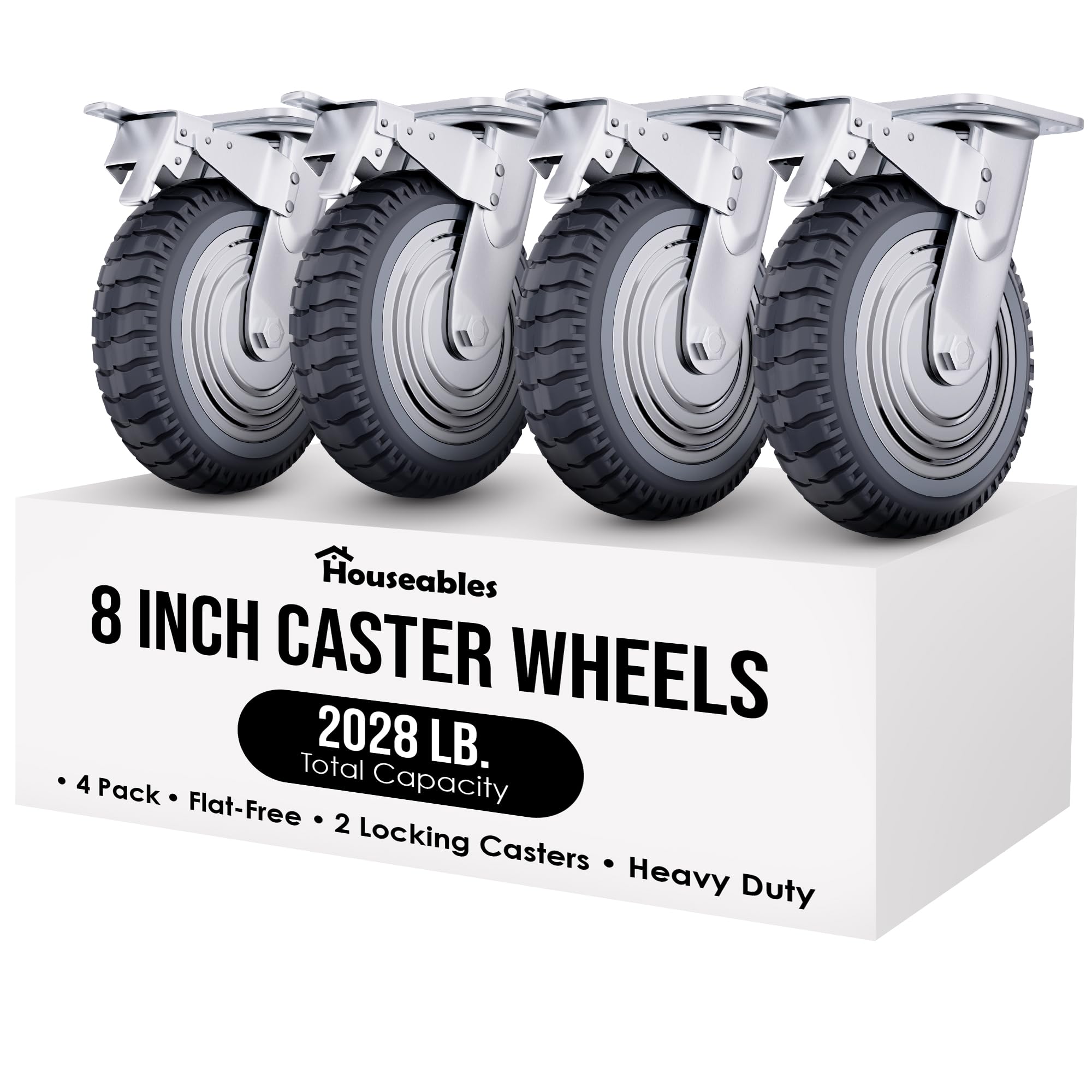 Houseables 8 Inch Caster Wheels, Large Caster Wheels, Heavy Duty Castors, Swivel Rubber Castor, Outdoor, Cart, Industrial, Replacement, Dolly, Off Road, All Terrain, Flat Free, Locking Brake, Set of 4
