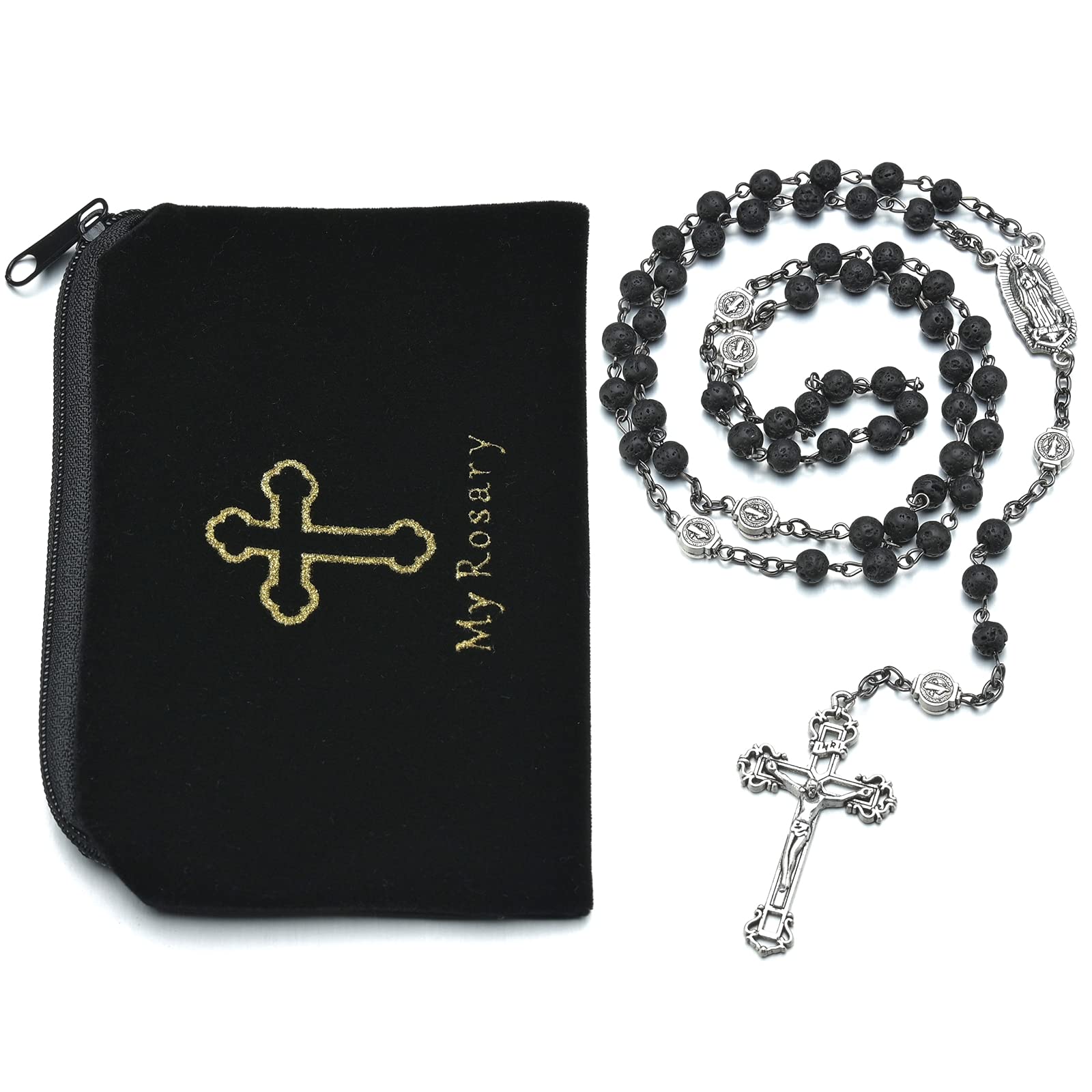 SALOMOCABead Rosary Necklace with Crucifix and Our Lady of Guadalupe Medal Black Volcanic Rock Beads Catholic Prayer Rosaries Necklaces Jewelry for Boys Men Gifts in Velvet Bag