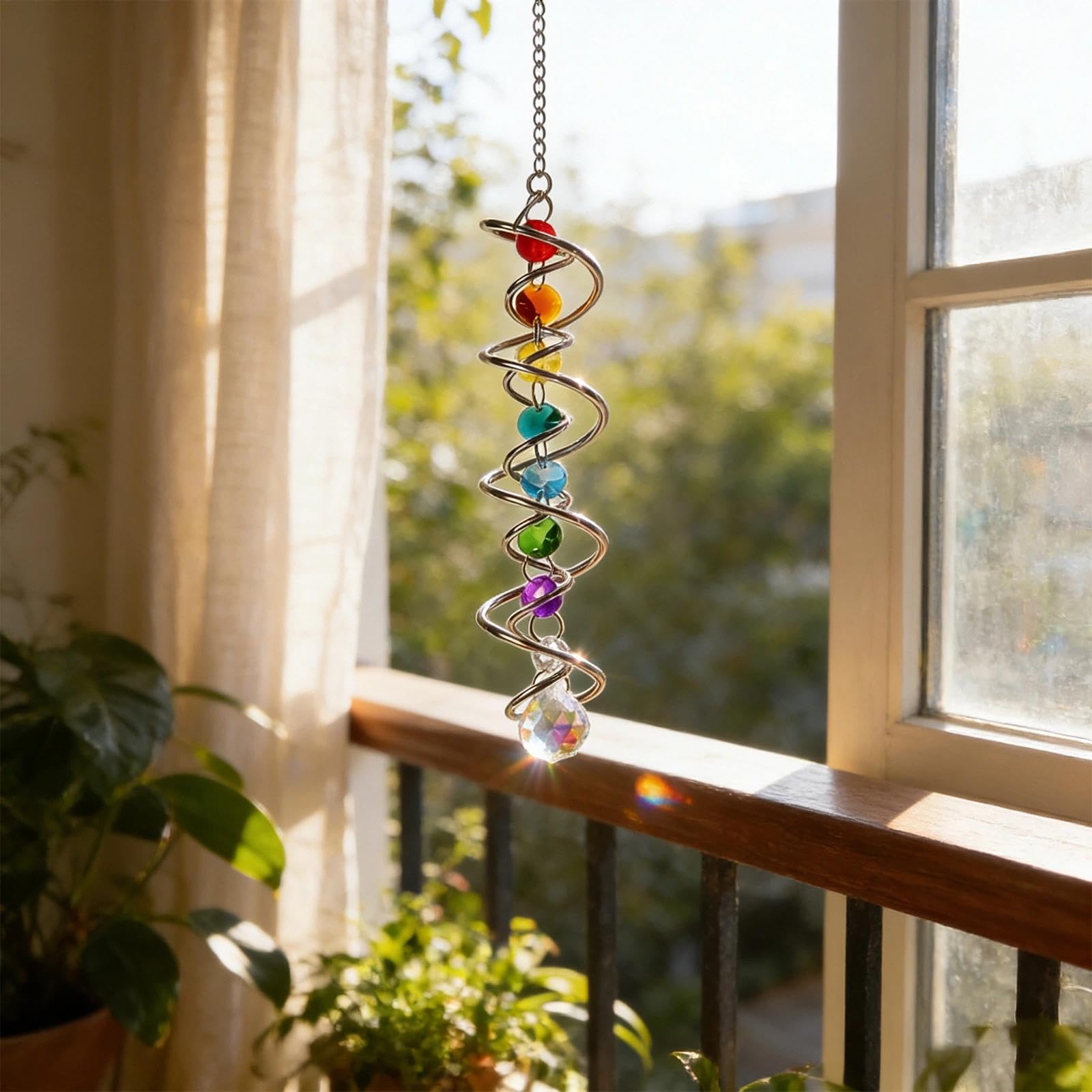 Atrapasoles Cristal con Doble Espiral, Atrapasol Suncatcher Colgante Campana de Viento Decorativa con Siete Perlas de Chakra y Bola de Cristal para Ventana Jardín Boda 45 CM