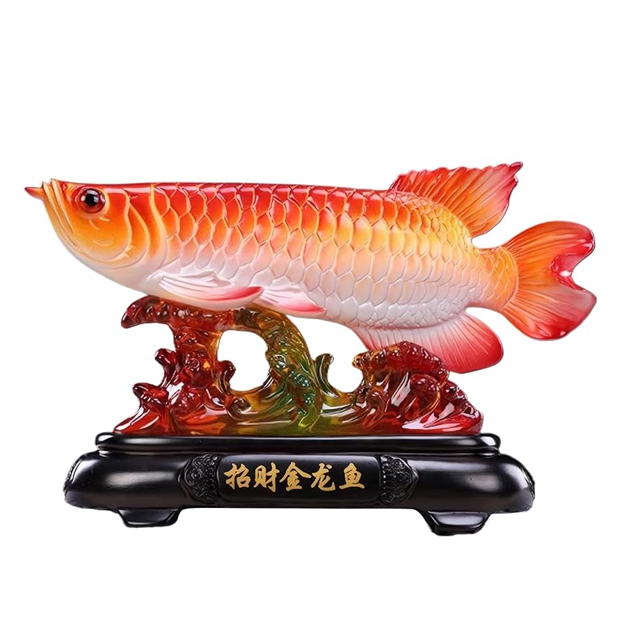 アロワナ（招財金龍魚）の彫刻 赤オレンジ 樹脂製 Amazon.co.jp: RVKXHD 風水魚像、風水 アロワナ (金龍魚) 幸運の