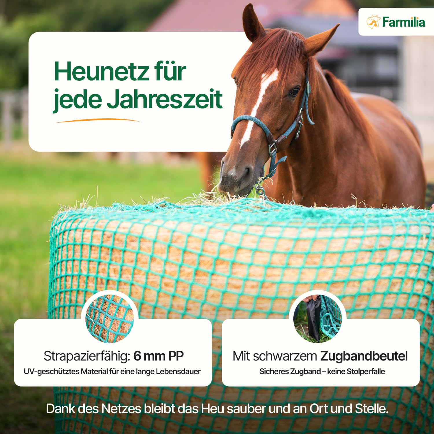 Heunetz für Pferde - Robustes Rundballennetz UV-geschützt wetterfest 45x45mm Maschen
