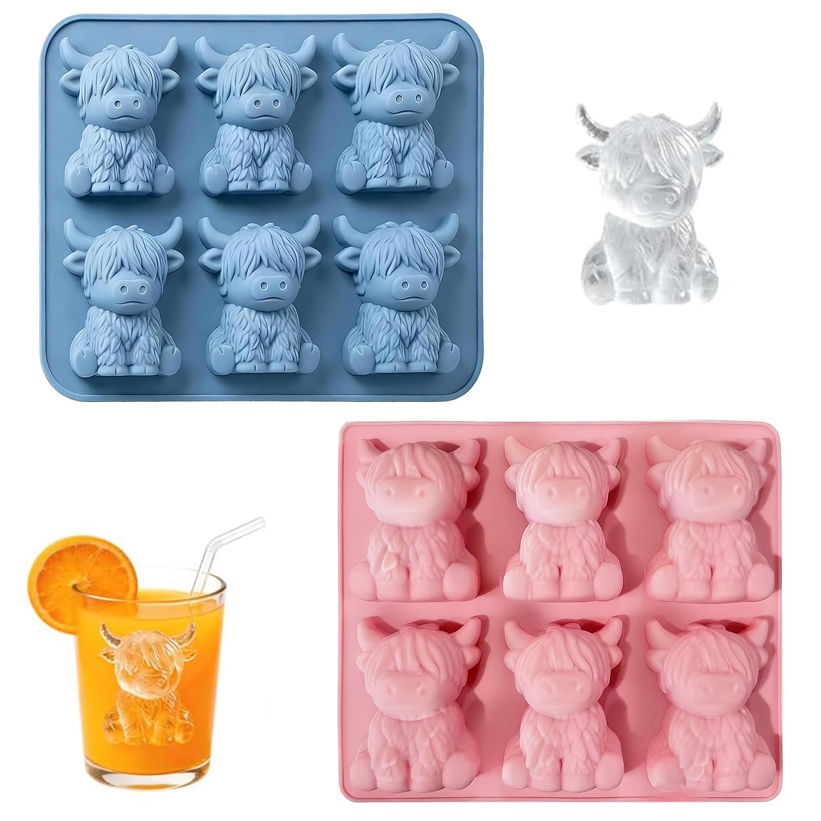 FunnAura 2 Pcs Mini Highland Cow Ice Cube Mold, 3D Highland Cow Silicone Mould Ice Cube Tray for Cocktails Beer & Drinks