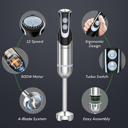 Miniatura 2 de FRESKO Batidora de inmersión de mano, mezclador eléctrico de mano de acero inoxidable 4 en 1 con 12 velocidades y modo turbo, potente licuadora de