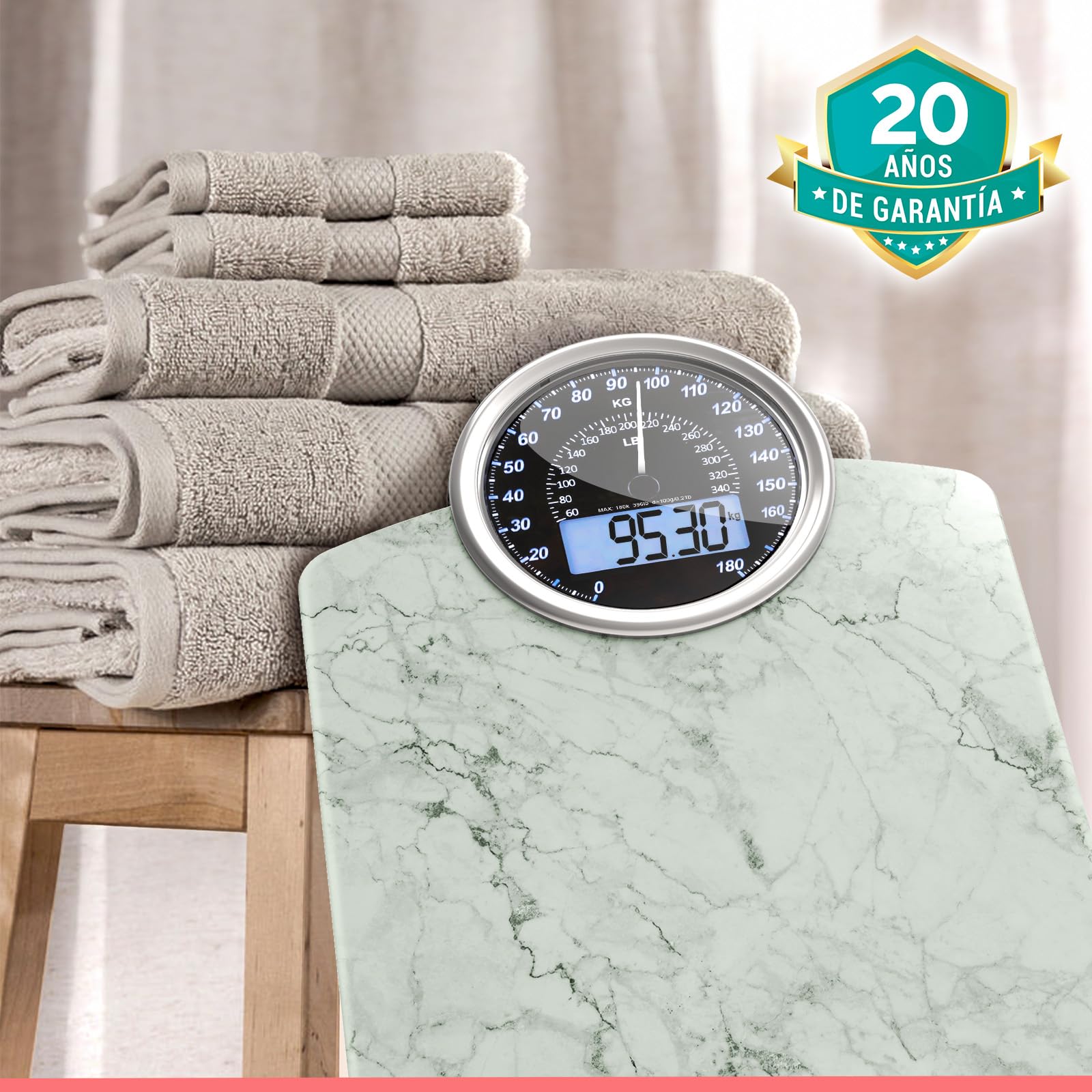Hybrid Báscula de Baño - Analógica & Digital, Precisa hasta 180 kg | Vea su peso en el cuadrante analógico y LCD a la vez. Plataforma ancha, 3 pilas AAA incluidas, lista para usar.