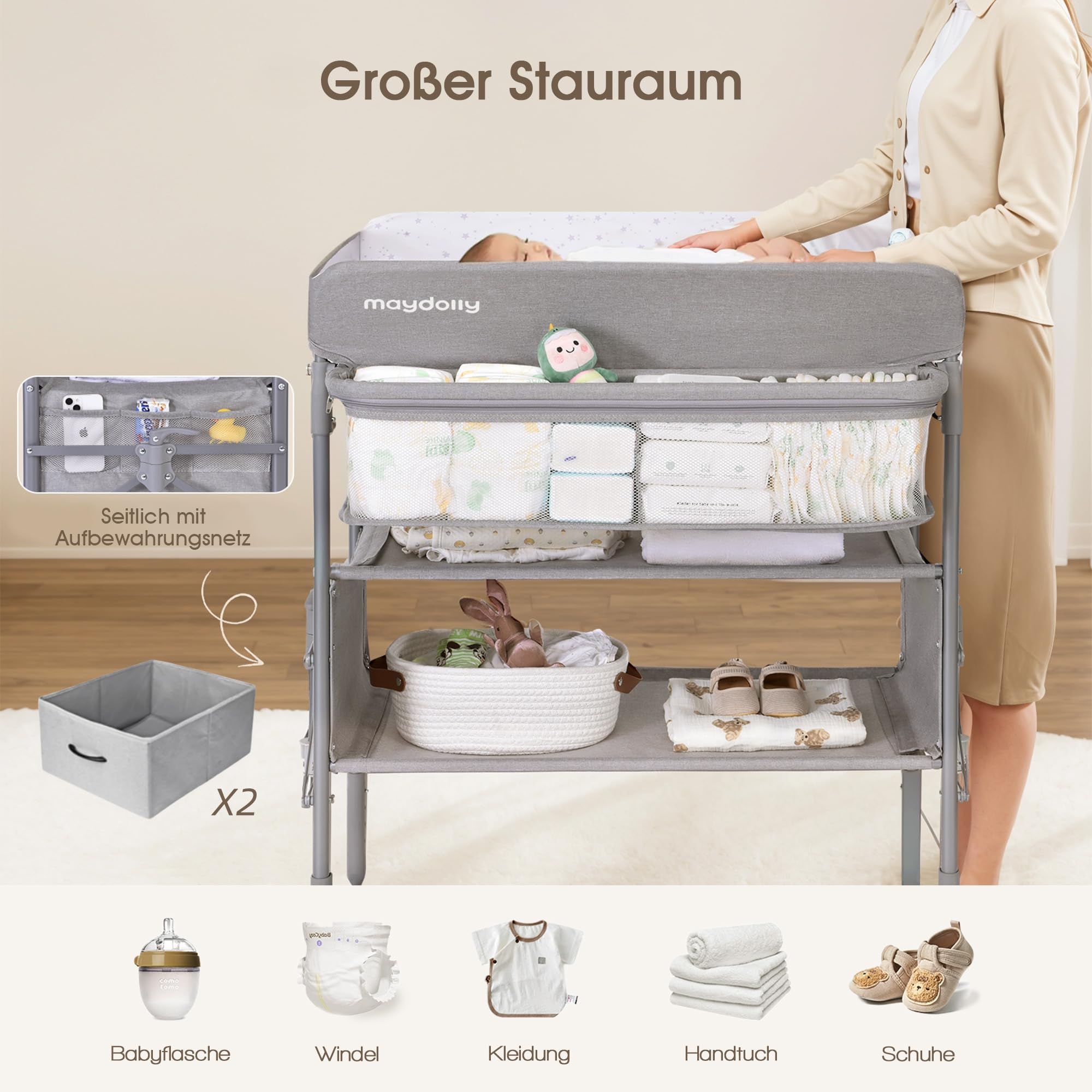 Maydolly Tragbarer Wickeltisch für Babys, Höhenverstellbar mit Rädern, Wasserdichtes Sitzkissen, Grau