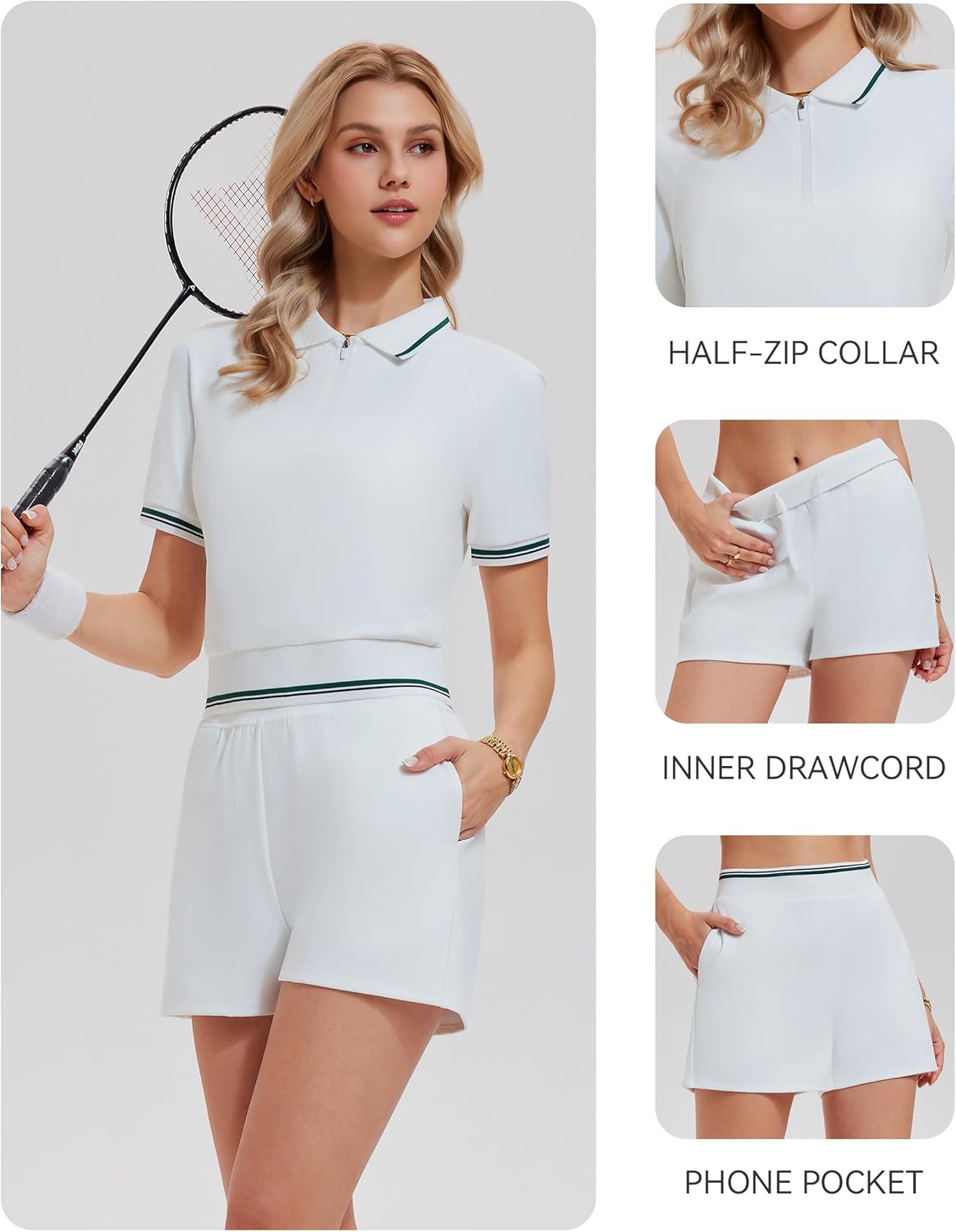Mudere 2 Piece Workout Set Womens Summer Outfits Half Zip Collared Matching Shorts Sets with Pockets Tennis Golf Travel