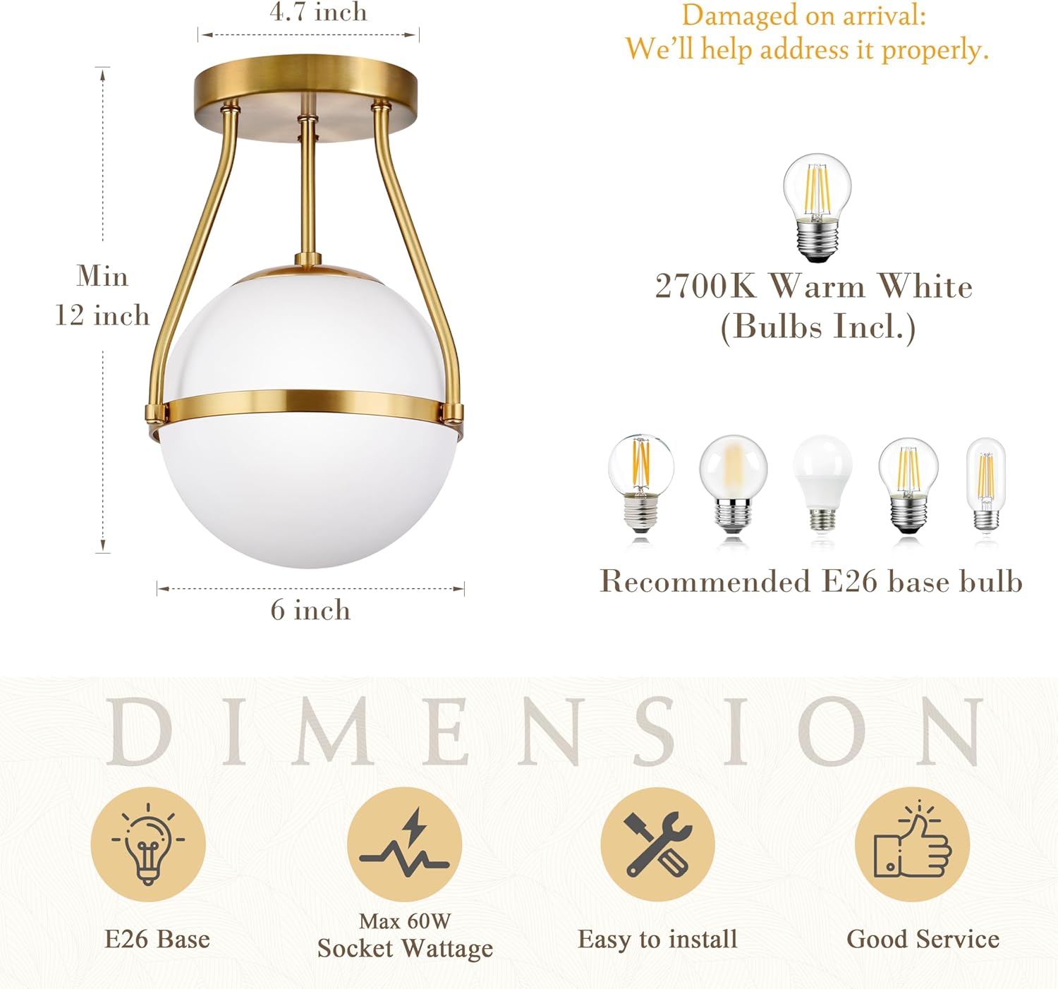 Globe Semi Flush Mount Ceiling Light Mid Century Modern Globe Ceiling Light Fixture with Milk Glass Shade Brass Finish for Living Room Hallway Kitchen Island Dining Room Laundry (Bulb Incl.)…