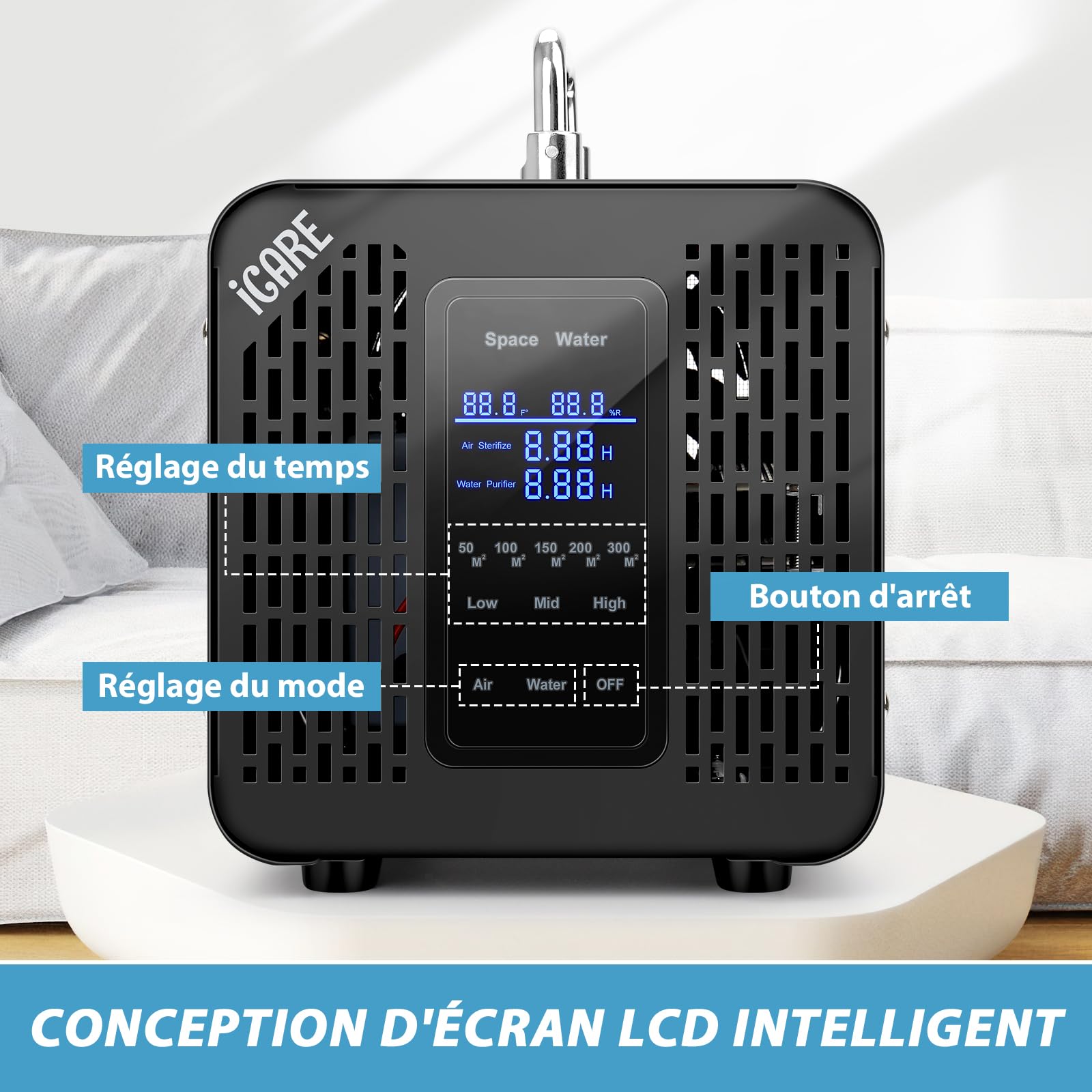 Générateur d'Ozone Intelligent, Générateur d'Ozone Numérique pour Eau et Air, 60000mg/h Purificateur d'Air à l'Ozone Éliminateur D'Odeurs avec Minuteur pour Salle de Bain, Cuisine, Animaux Domestiques