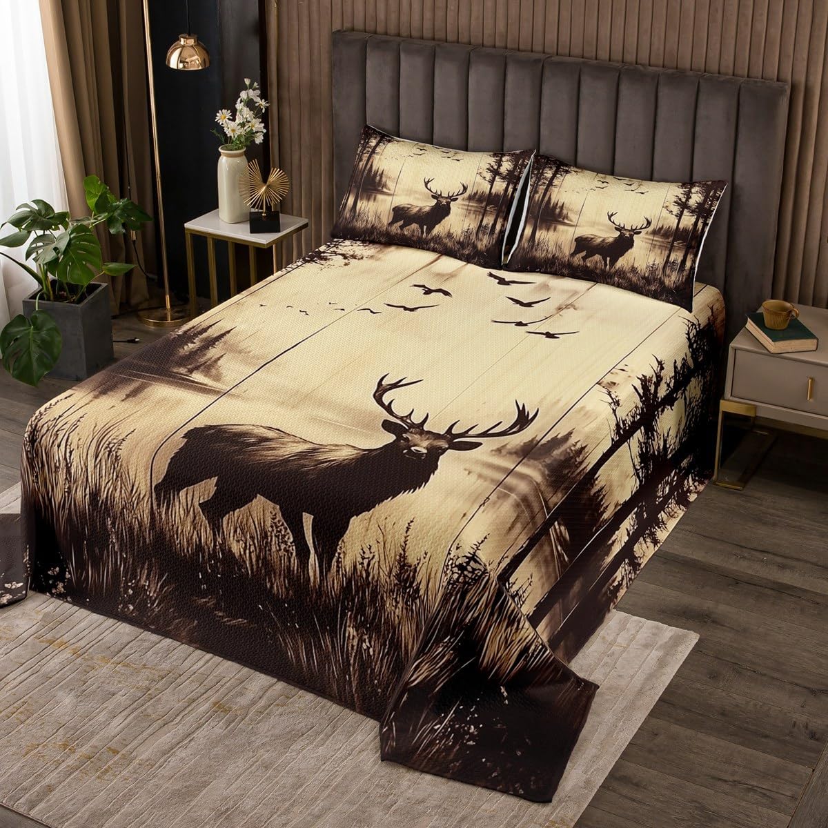 jejeloiu Cabin Deer Bedspread King Size Kids Rustic Quilted Coverlet for Boys Girls Teens Wild Animal Coverlet Set Beige Khaki