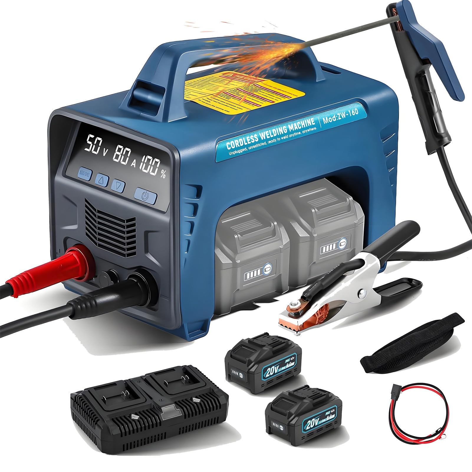 Saldatrice senza fili 160A con 2 batterie da 6000 mAh, saldatrice portatile MMA ARC, inverter IGBT digitale e display a LED (26 x 24 x 16 cm)