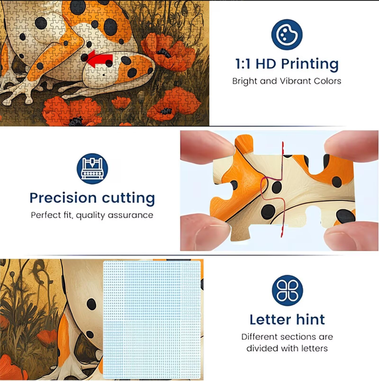 Puzzle 1000 elementów, puzzle 1000 elementów dla dorosłych, trudne puzzle, druk w wysokiej rozdzielczości i jasne kolory, drewniane puzzle żaba mak z wykwintnym pudełkiem do pakowania W3H-419