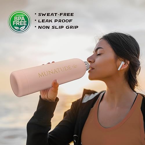 Miniatura 6 de Botella de agua aislada  Botella de agua aislada de 24 onzas con asa, botellas de agua a prueba de fugas con tapa de bambú, acero inoxidable, para