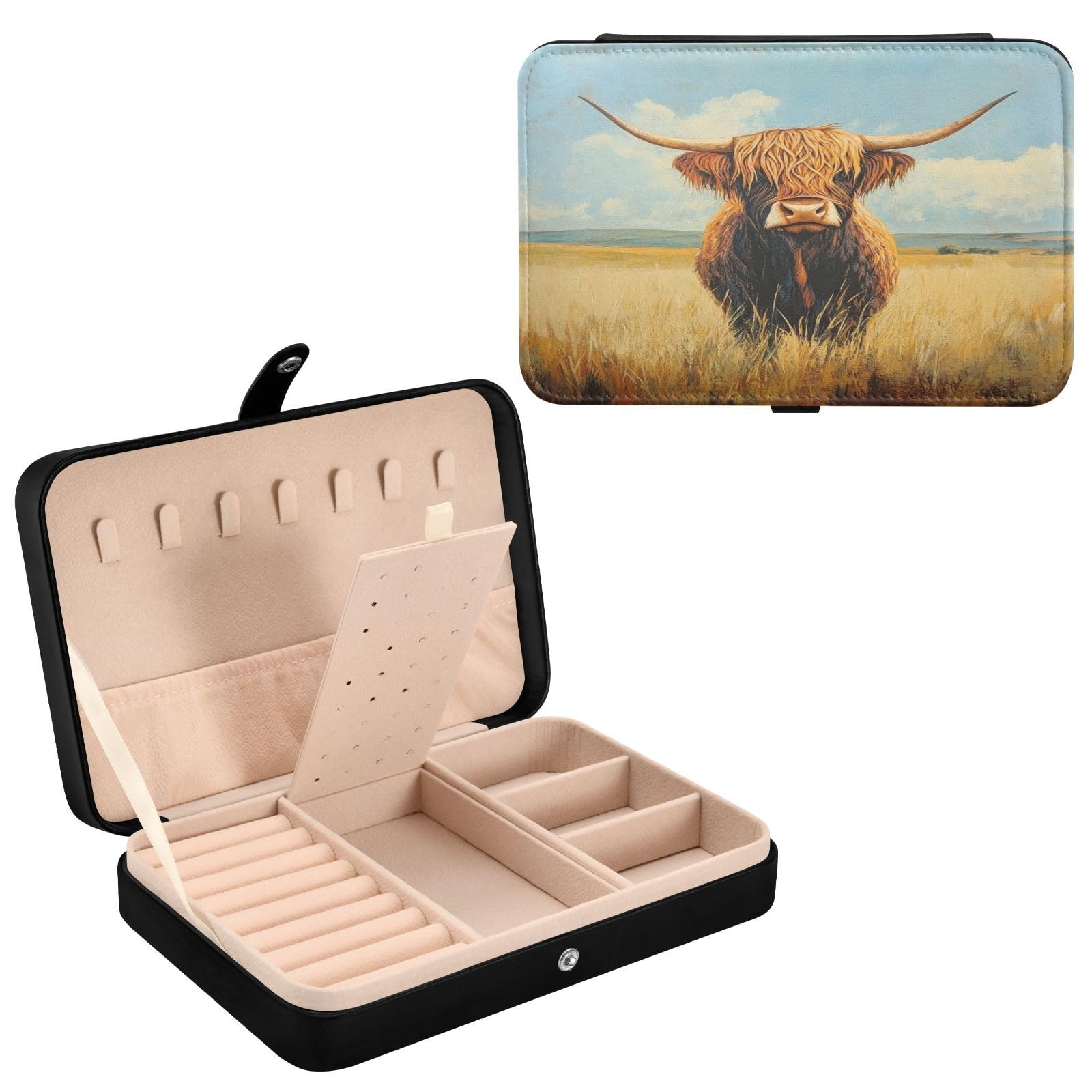 Haskirky Highland Cow Jewelry Box Portable PU Leather Travel Jewelry Organize for Women Jewelry Storage Display Holder for Ring, Necklace, Earring