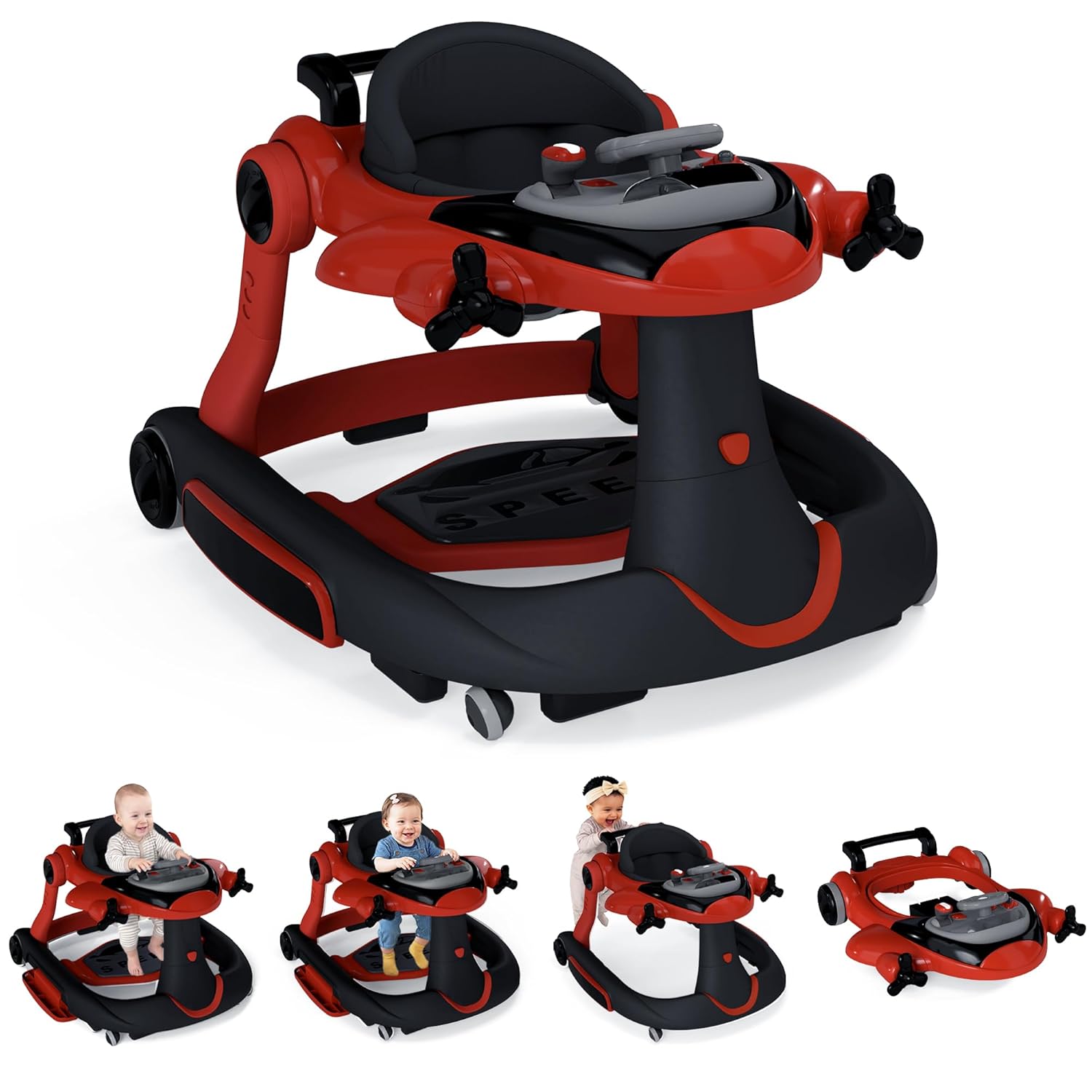 7-in-1 Baby Walker with Wheels, Anti-Slip Base, Speed Control, 3 Level Adjustable Height with Music & Lights Box, Foldable Walkers for Babies 6-12 Months, Boys & Girls