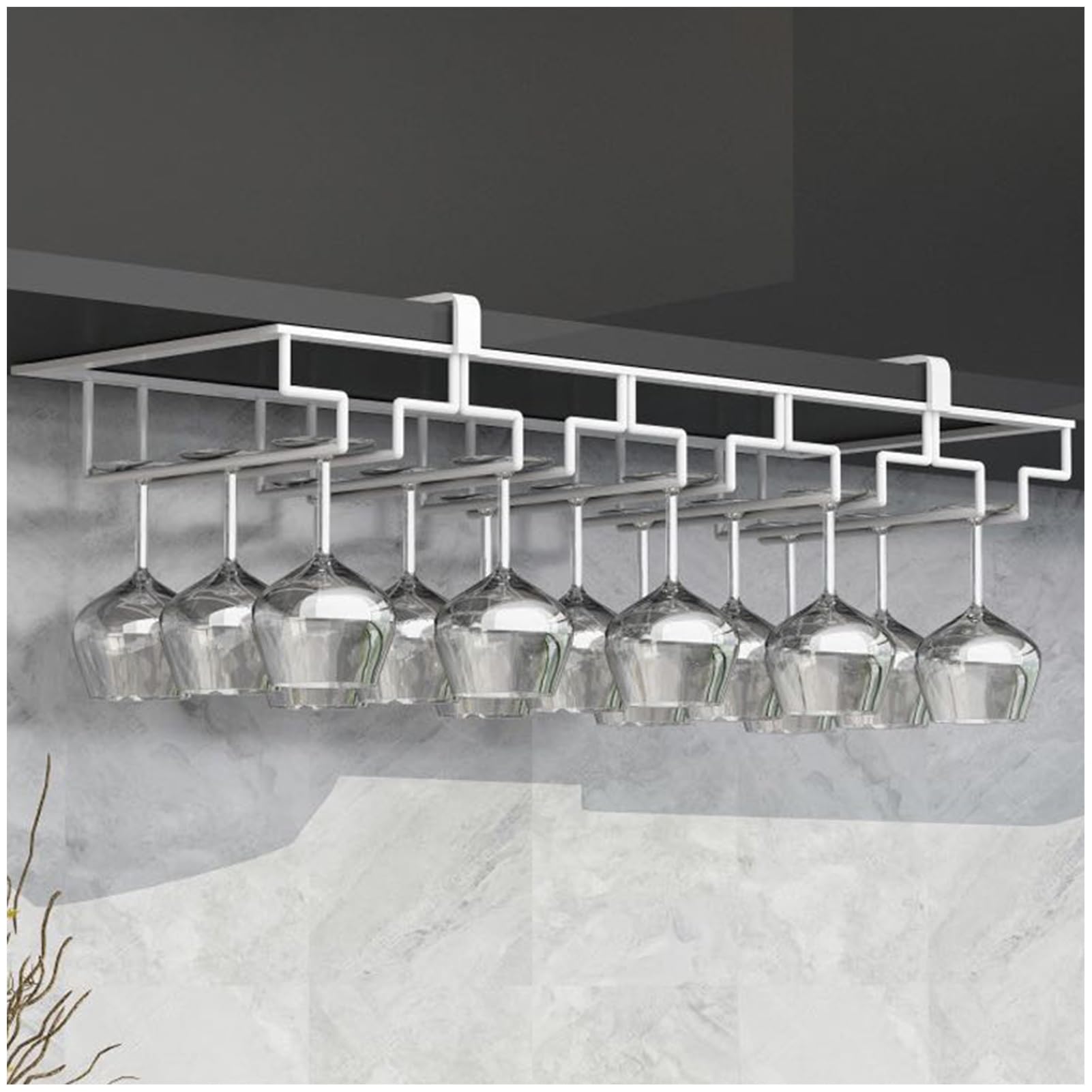 Estante Colgante Blanco para Copas de Vino - Almacenamiento bajo Estante para gabinetes y Barras - Soporte de Metal para 6 Copas - Accesorio para Vino Que Ahorra Espacio