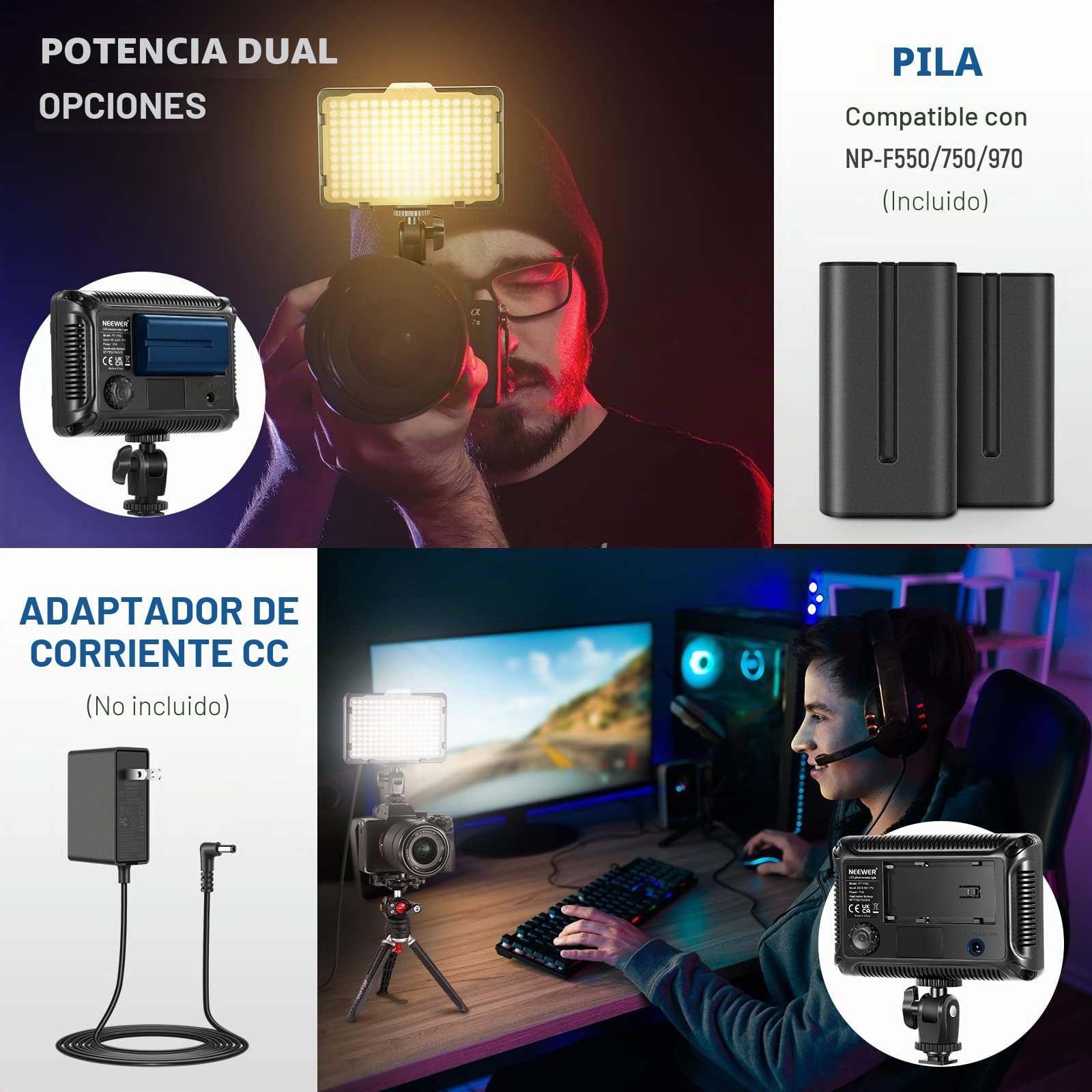 Neewer 176 LED Luz de Video Iluminación Kit: 176 Panel LED Regulable, con Batería de Li-Ion 2200mAh, Cargador de Batería USB y Estuche para Fotografía de Producto y Retrato