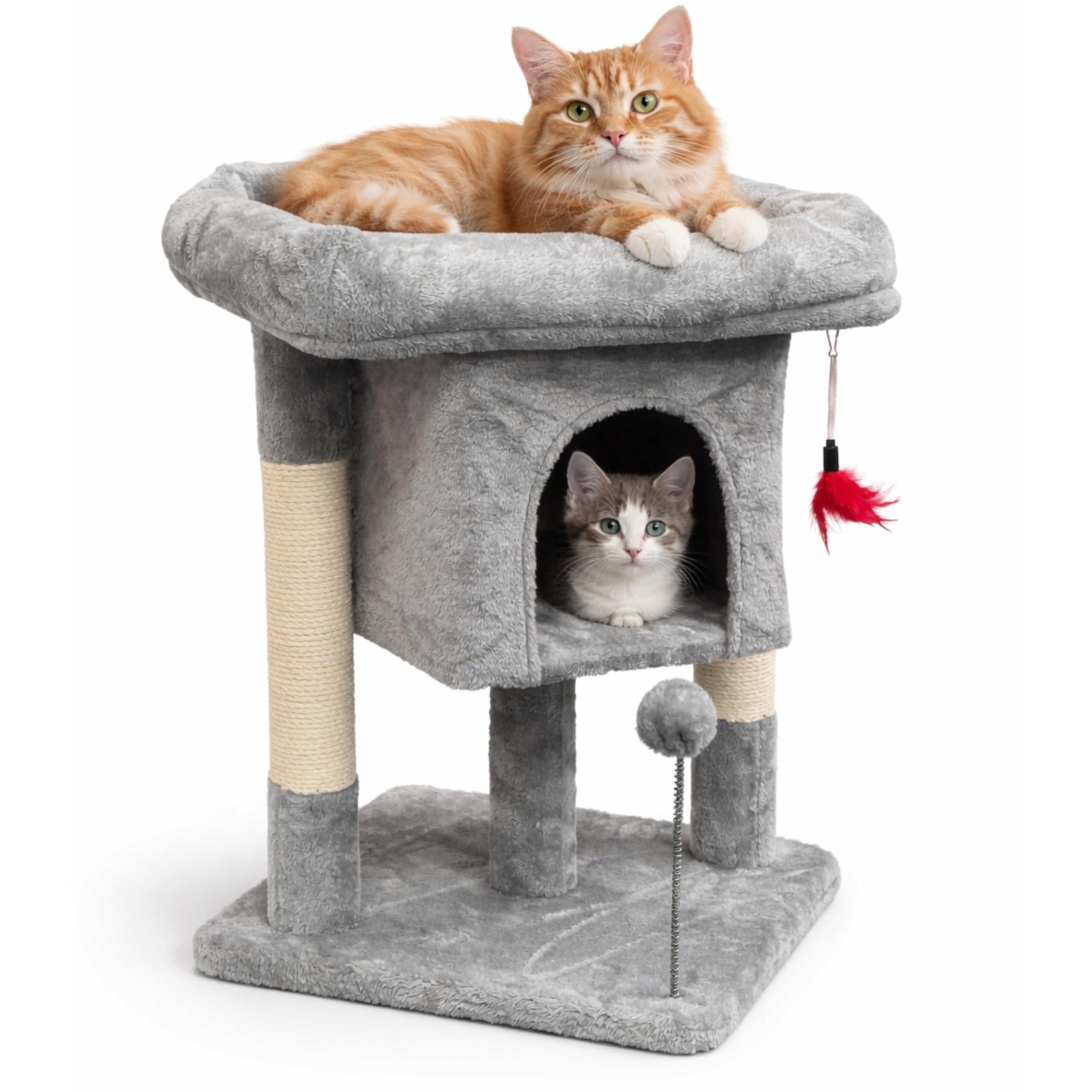 ADEPTNA 2-Level Cat Tree Scratching Post with Condo & Plush Top Perch Cat Tower Activity Centre for Kittens & Indoor Cats, Soft Plush Cat House with Sisal Scratcher, Hanging Toy & Stable Base