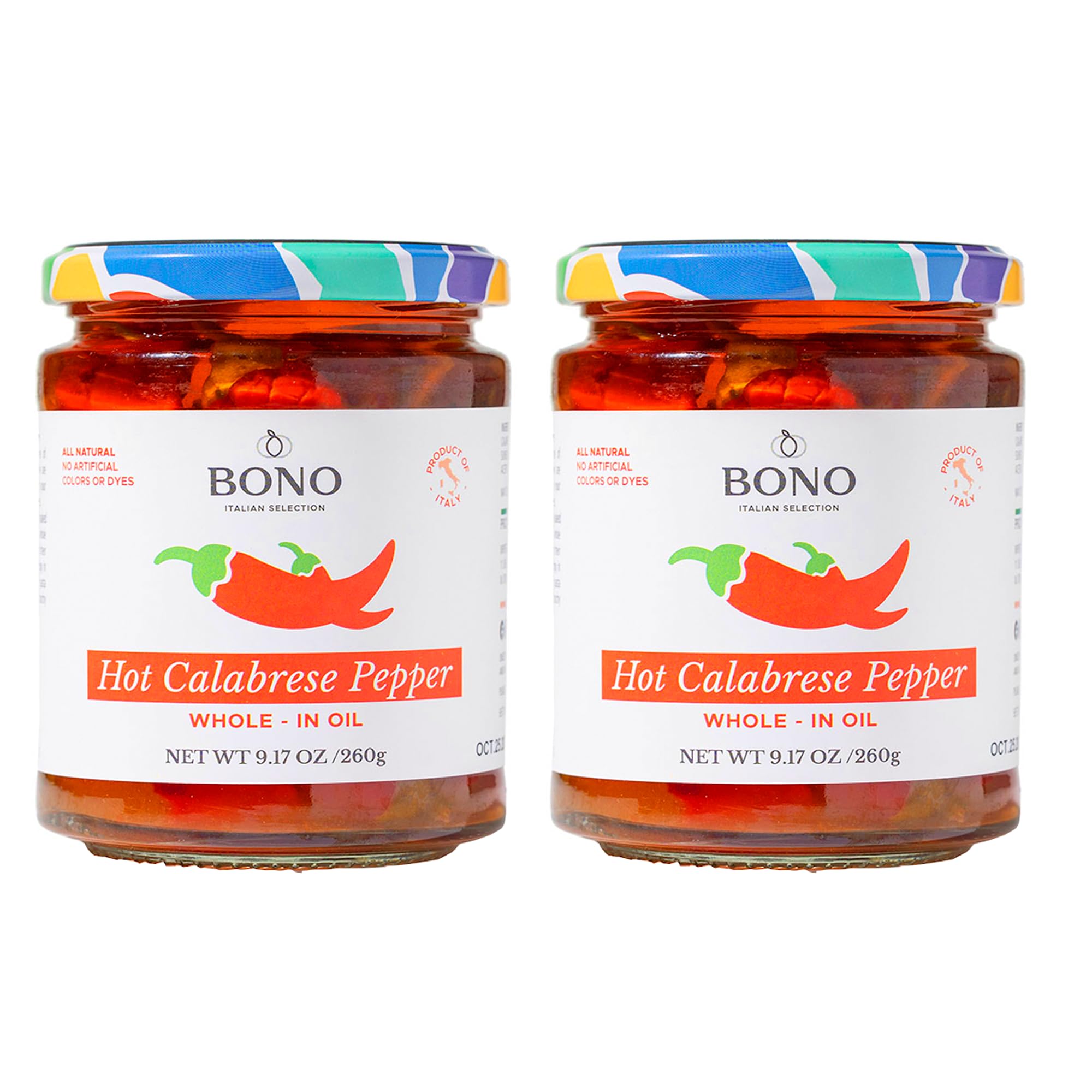Bono Hot Calabrese Chili Pepper in Oil | Product of Italy | All Natural | No Artificial Colors or Dyes | Non-GMO Verified, (Pack of 2) (9.17 OZ, Whole