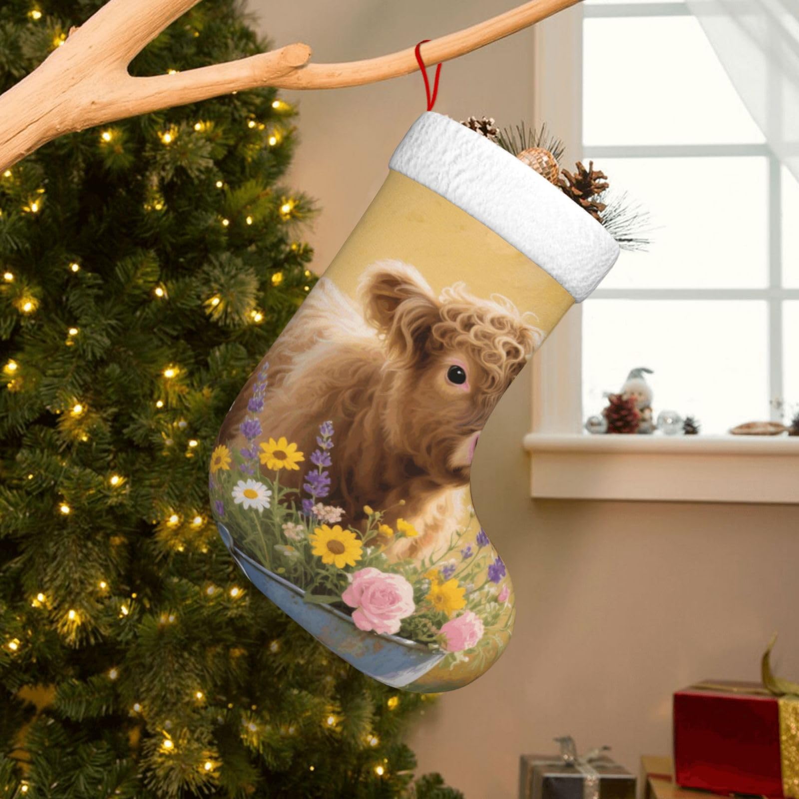 Velvet Christmas Stockings 17.7 Inch, Farmhouse Cow Xmas Stocking with Soft Cuff,Classic Personalized Christmas Tree Decoration for Family Holiday New Year Party Supplies