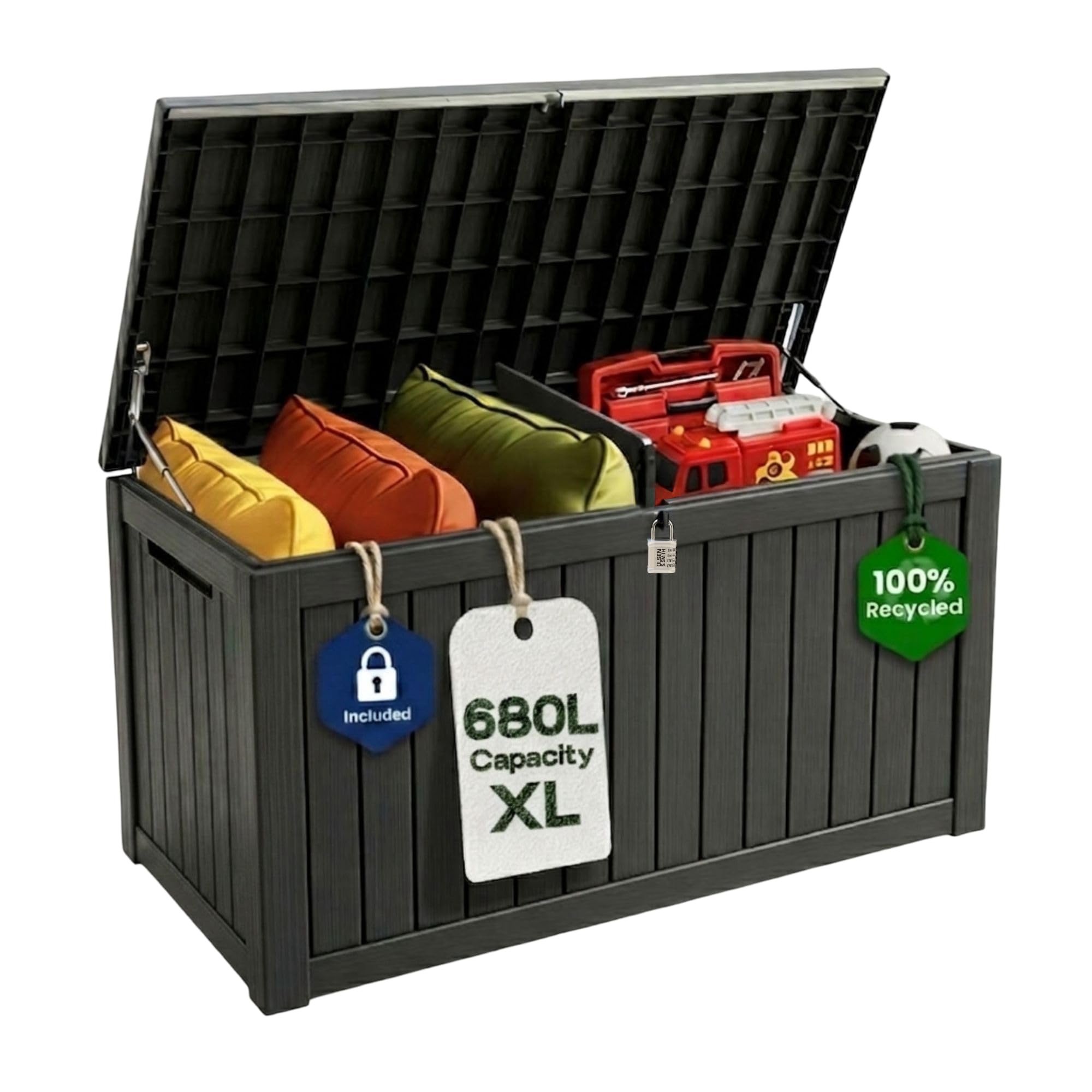 Olsen & Smith Caja de almacenamiento grande para jardín al aire libre de 680 L, materiales 100 % reciclados, resistente a la intemperie, resistente a la intemperie, con candado, baúl de almacenamiento