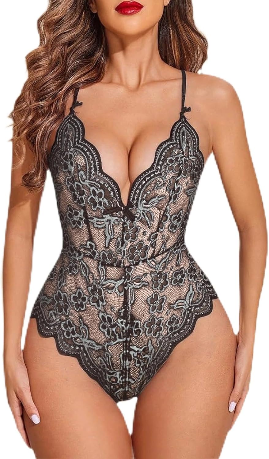 Lingerie feminina sexy de renda, body de pelúcia, gola V, Babydoll Snap Crotch, conjunto de lingerie de uma peça