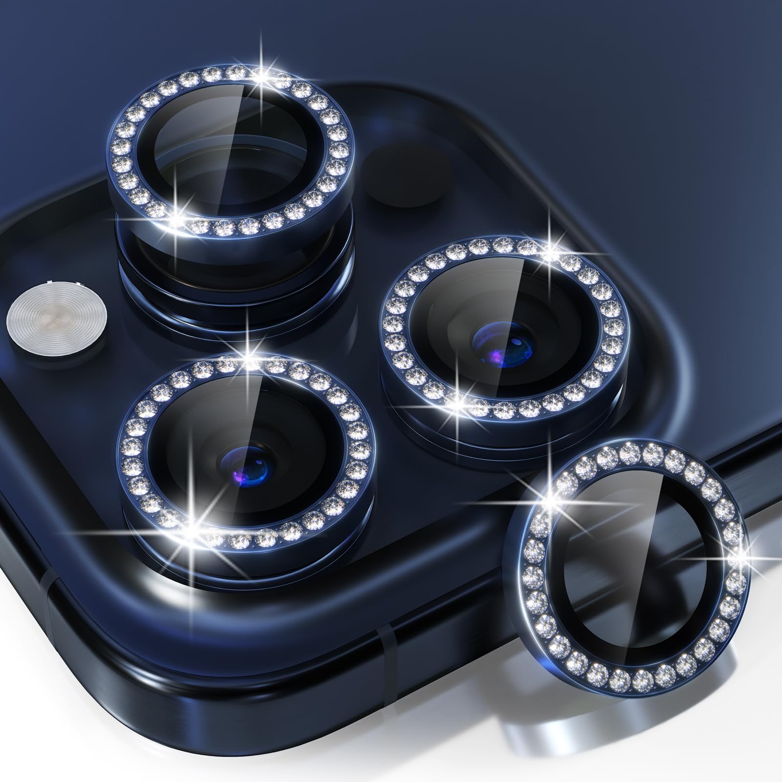 Choiche Für iPhone 15 Pro/iPhone 15 Pro Max Kamera-Objektivschutz | Ultra HD, Bling 9H Panzerglas Kamera Abdeckung Displayschutzfolie Metallring Dekoration Zubehör (Diamond-Blue)