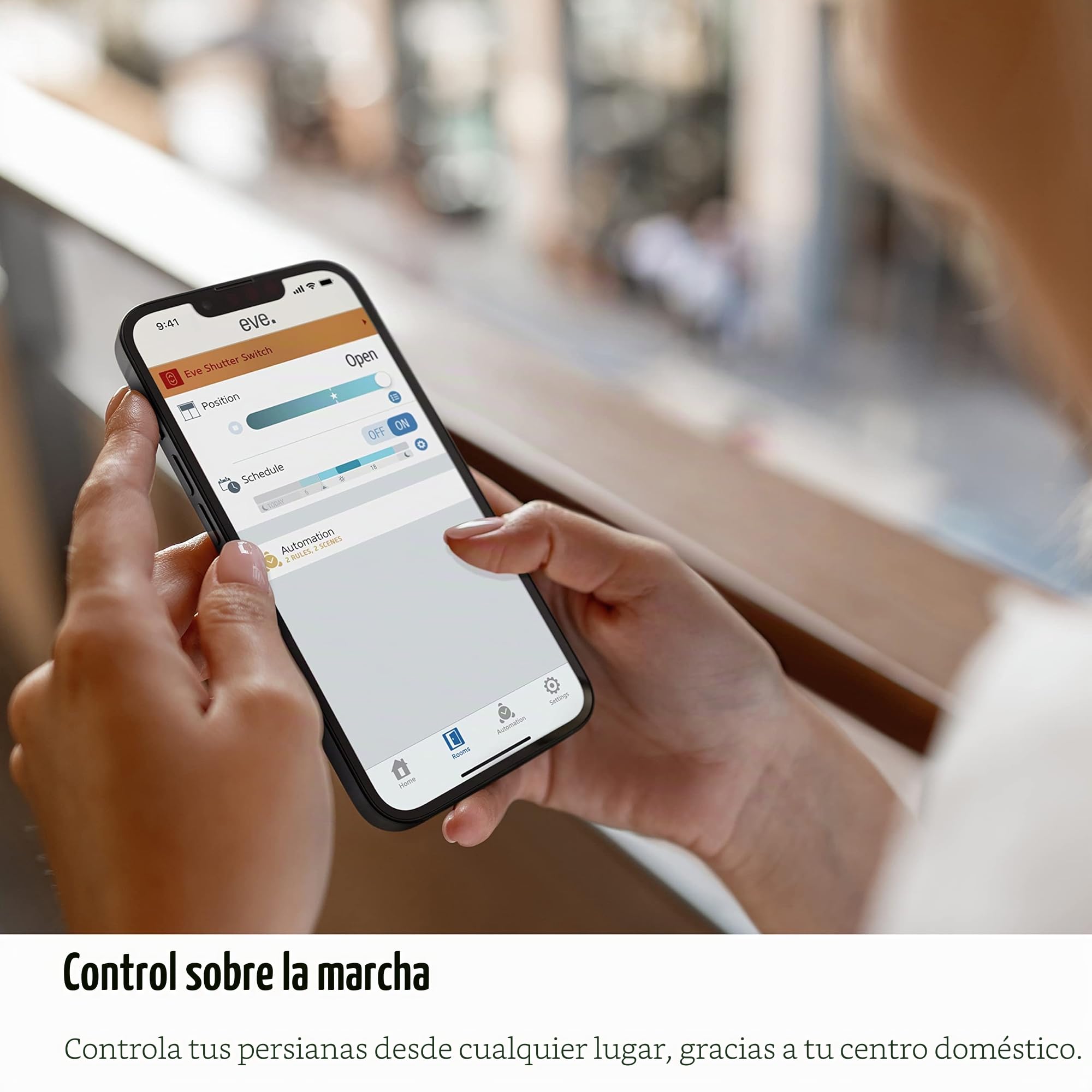 Eve Shutter Switch (Apple Home) – Controlador inteligente de persiana con programación, iluminación adaptable, control de voz, temporizador, acceso remoto, sin pasarela, Bluetooth/Thread