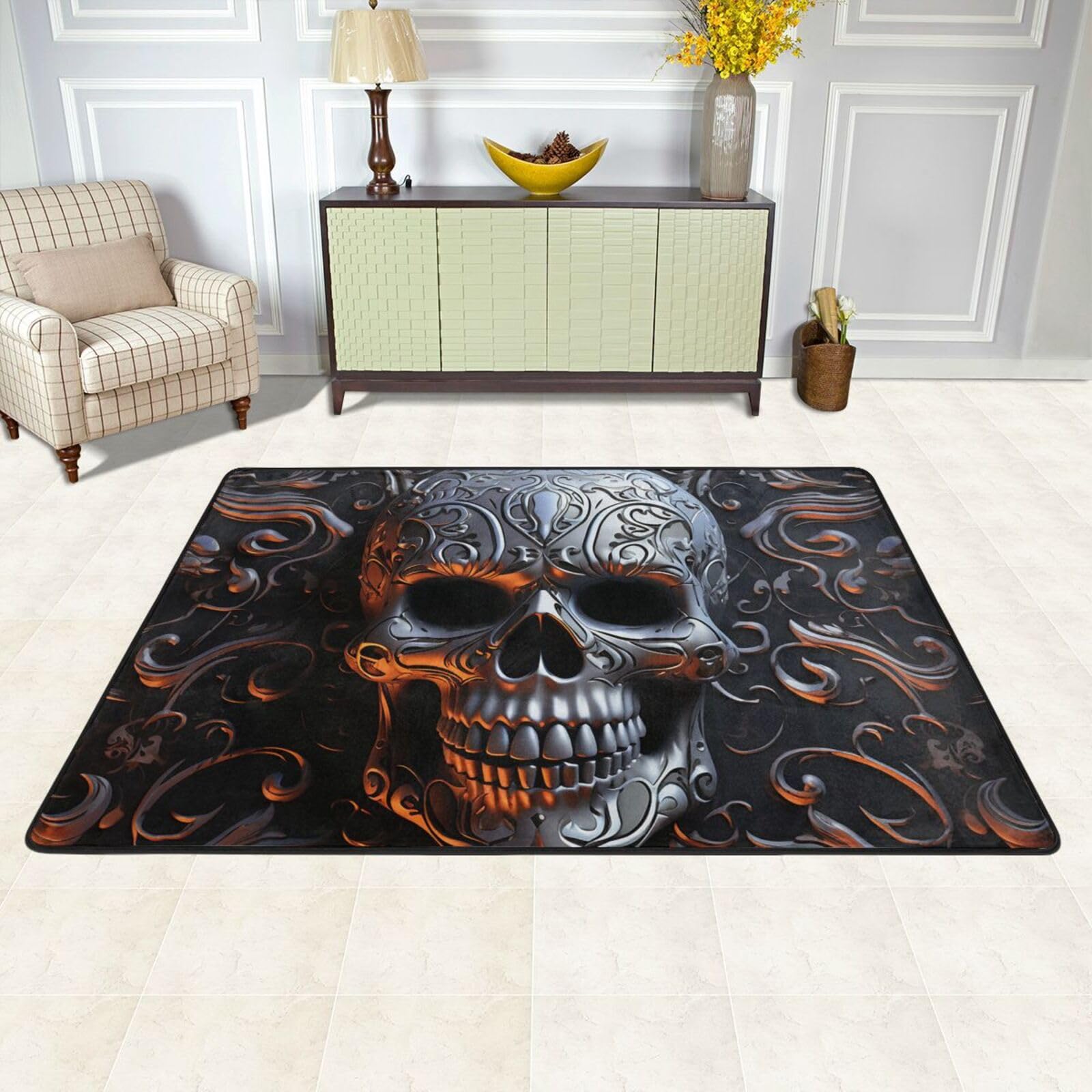 Tapis de sol absorbant et antidérapant tête de mort pour chambre