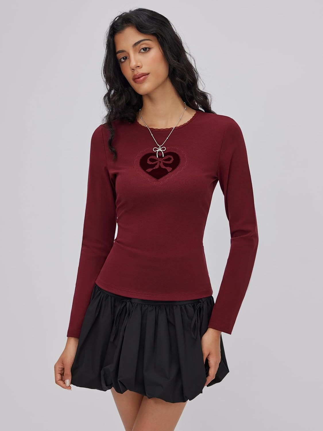 CIDER Womens Cute Lace Going Out Top Heart Applique Long Sleeve Trim Slim Fit Tee 2025 Fall - Image 3