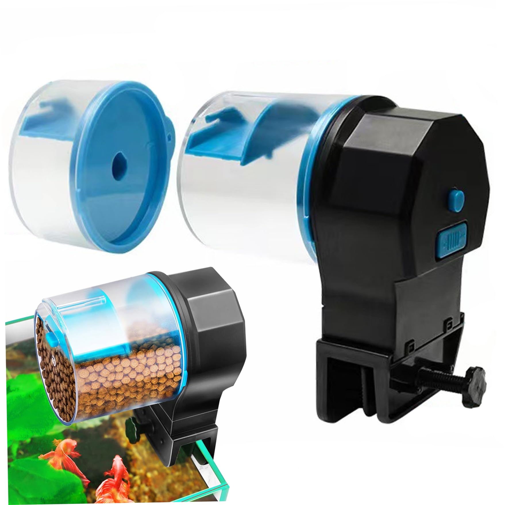 Automatic Fish Feeder 210 ＆ 100ML Feeder 8/12/24 H Timer Battery Operated Food Vacation Automatic Dispenser for Fish Tank, Aquariums & Pond Blue.