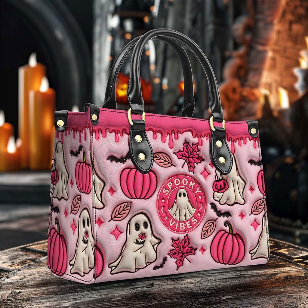 Spooky Vibe Print 3D Inflated Leather Handbag, Leather Wallet, Halloween Gift, Halloween Tote Bag for Women Holiday Gifts for Daughter Ladies Friend Coworker