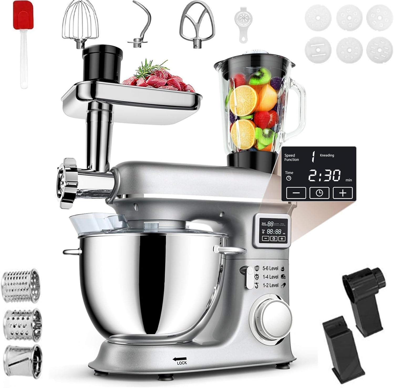 Mikser Stojący 8l, Wielofunkcyjny Robot Kuchenny, Blendery 5 W 1 Z Regulacją 6 Prędkości, Miksery I Roboty Kuchenne Z Bryzgoszczelną Pokrywą, Sok I Mięso Mielone, Odpowiednie Do Codziennego