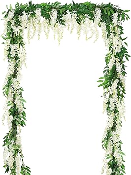 DearHouse 2Pcs 6Ft/Piece Artificial Flowers Wisteria Garland Artificial Wisteria Vine Hanging Flower Greenery Garland for Home Garden Outdoor Wedding Arch Floral Decor (White)