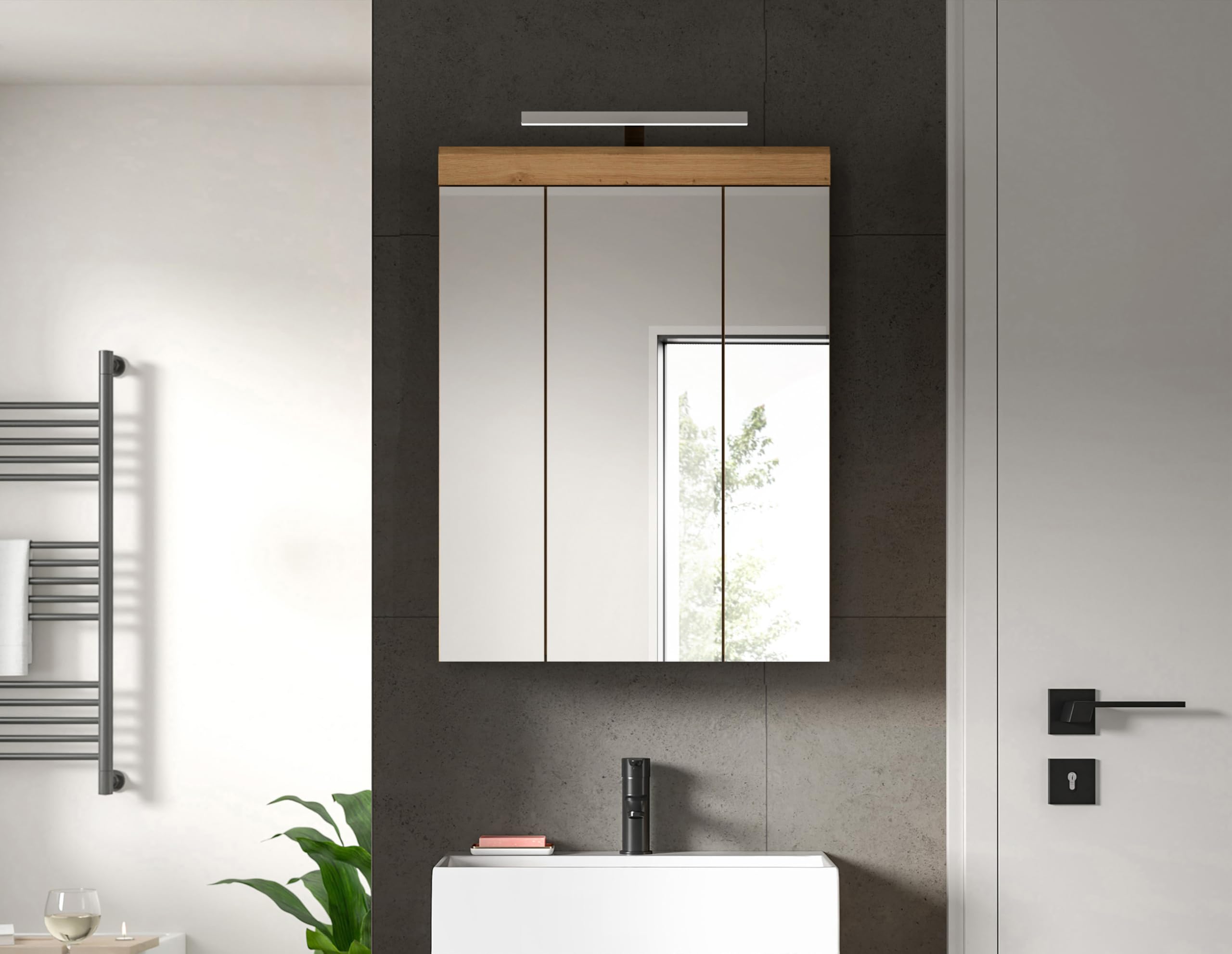 xonox.home Bad Scout X06N3726 Armoire à Pharmacie avec Miroir et éclairage Imitation chêne Artisanal, env. 60 x 79 x 18 cm