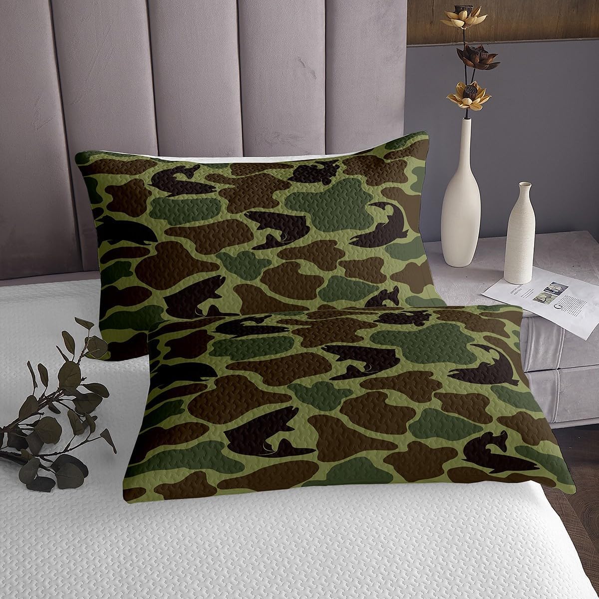 Erosebridal Fish Hunting Quilt Set Queen Army Camouflage Hunter Bedspread Set 3Pcs Rustic Wildlife Bedspread Sets Farmhouse Bass Fish Coverlet Set Vintage Army Green Camping Gifts Decor Bed Set