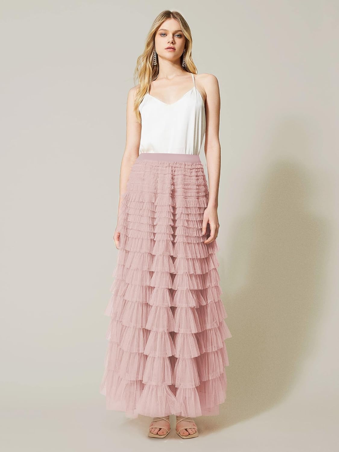 Womens Long Tulle Skirt A Line Ruffle Tiered Layered Skirts High Waisted Flowy Fairy Maxi Skirts - Image 4