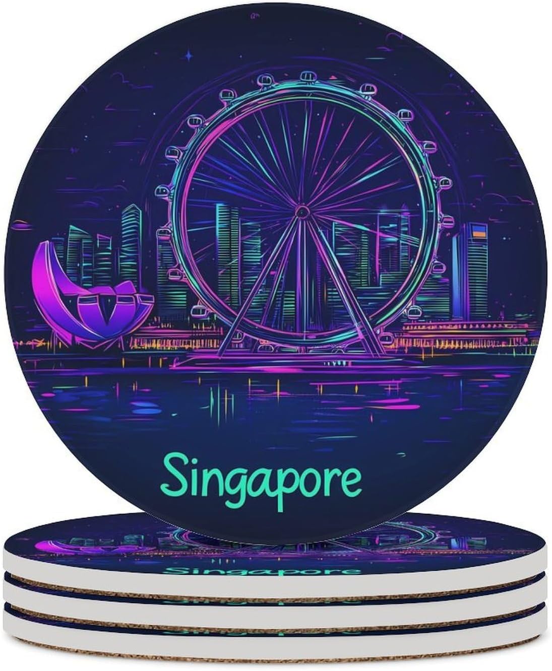 Singapore City Coasters for Drink Round Ceramic Coaster with Cork Base Home Decorative 4PCS